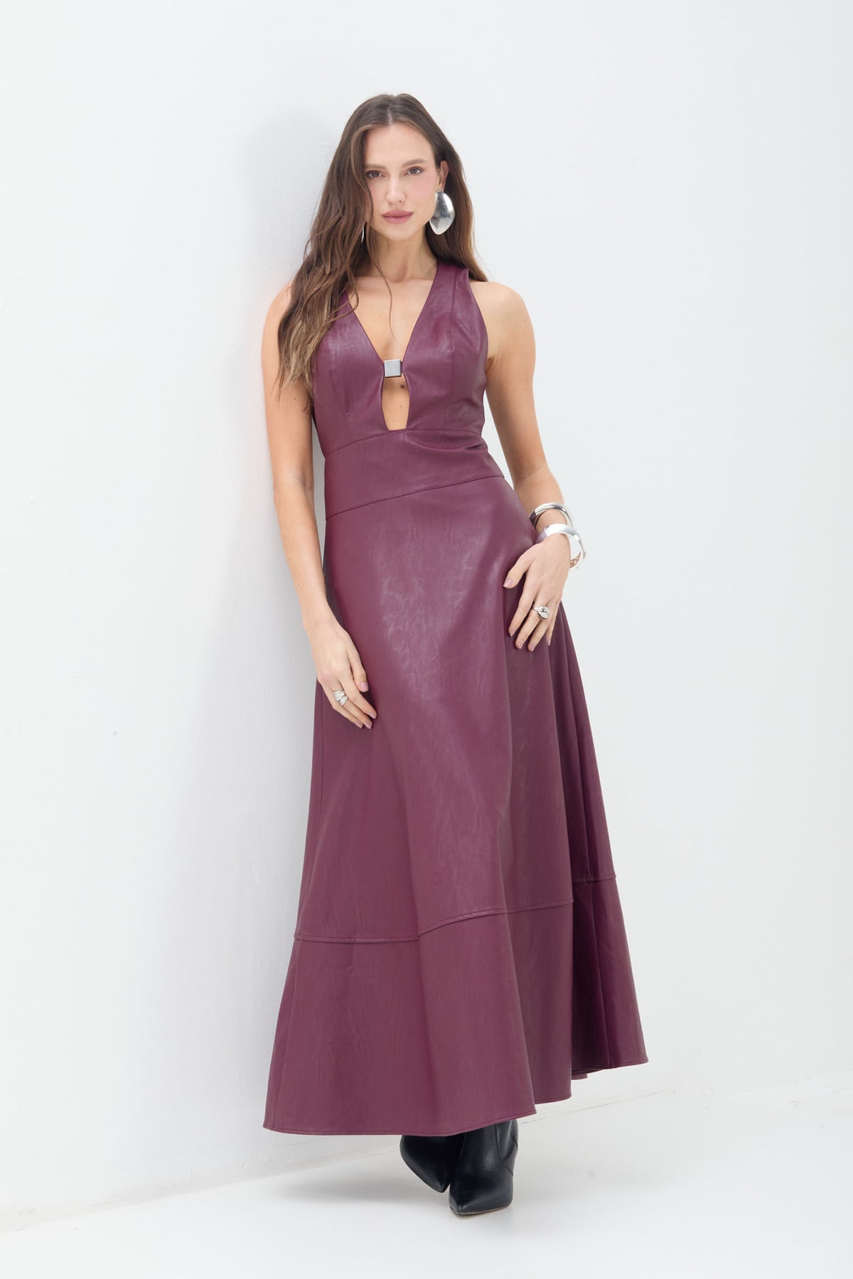 Vestido Longo Em PU ACT Feminino Deep Ruby