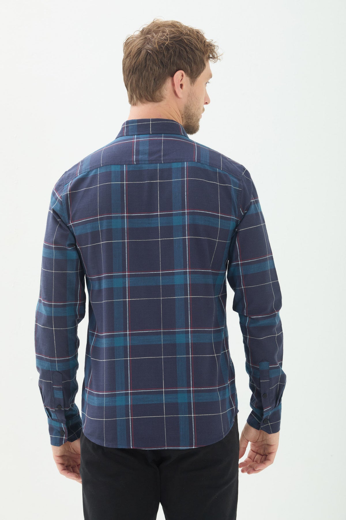 Camisa Xadrez Manga Longa Masculina Acostamento Xadrez Marinho