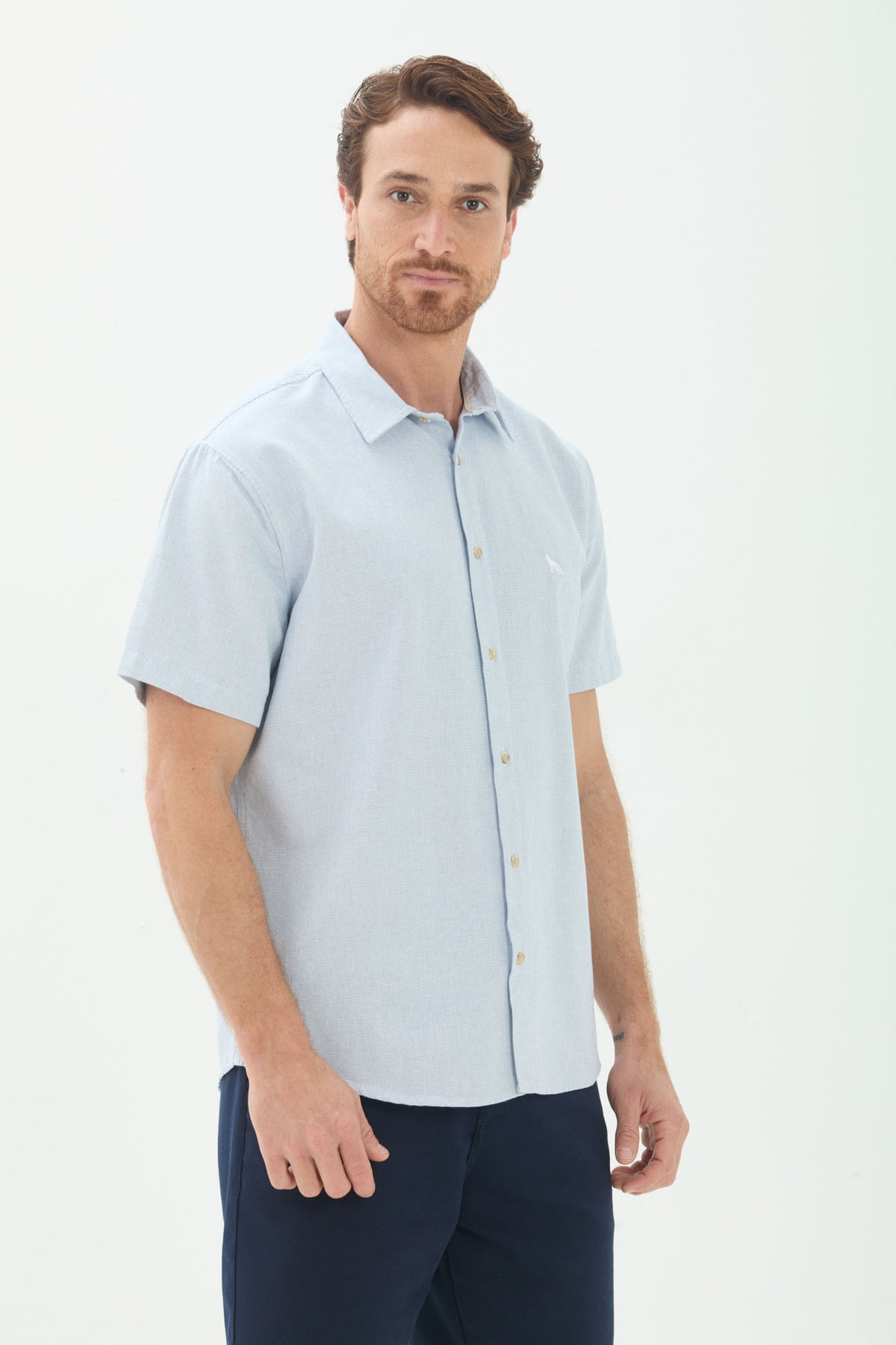 Camisa Manga Curta Masculina Acostamento Azul Claro