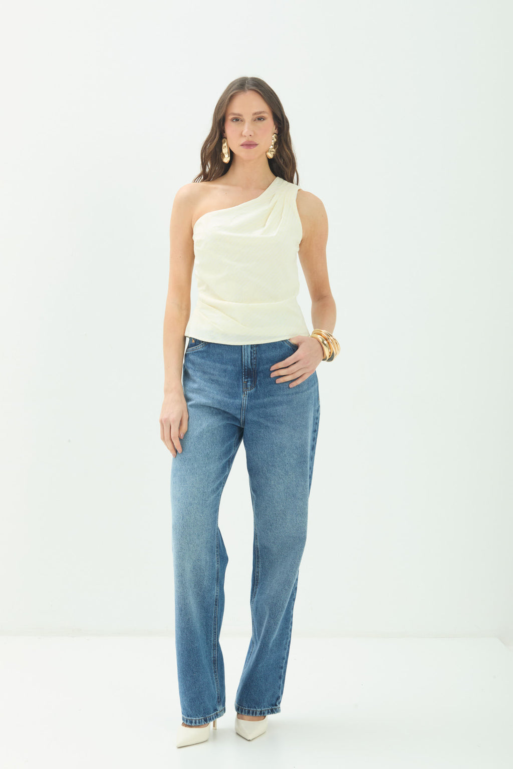 Blusa Assimétrica Sem Manga ACT Feminina Off C/ Light Yellow