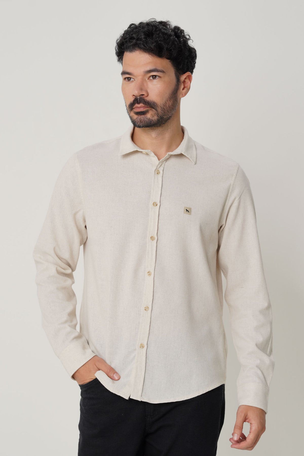 Camisa Casual Manga Longa Masculina Acostamento Bege