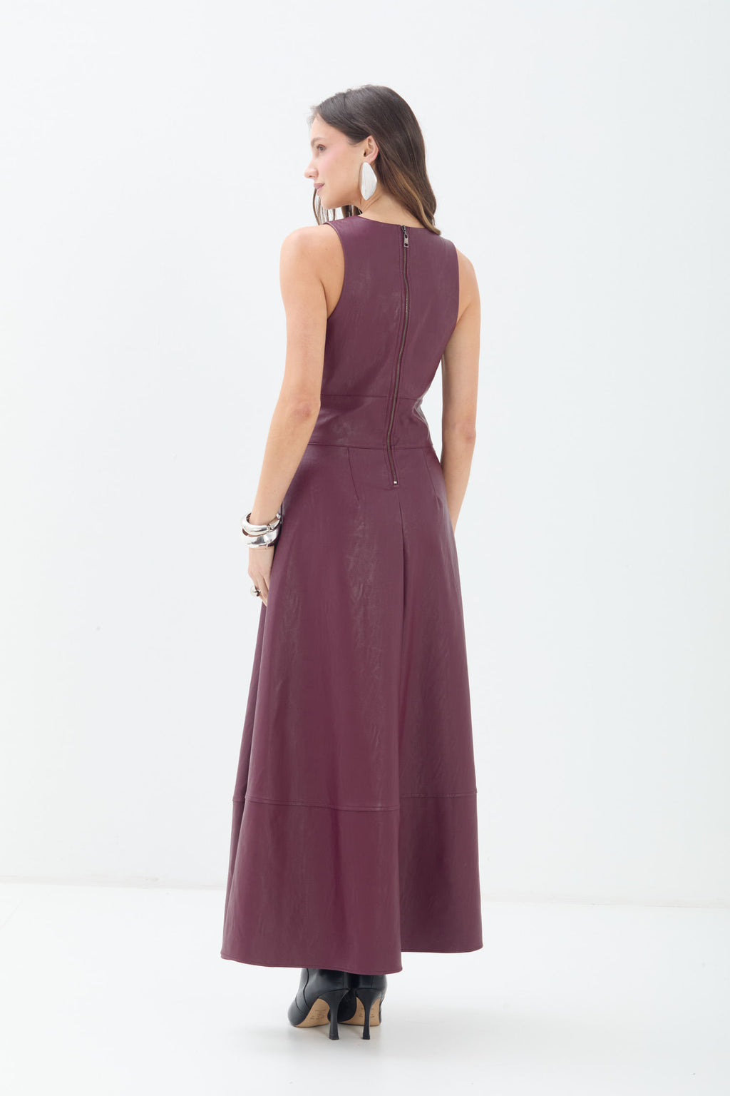 Vestido Longo Em PU ACT Feminino Deep Ruby