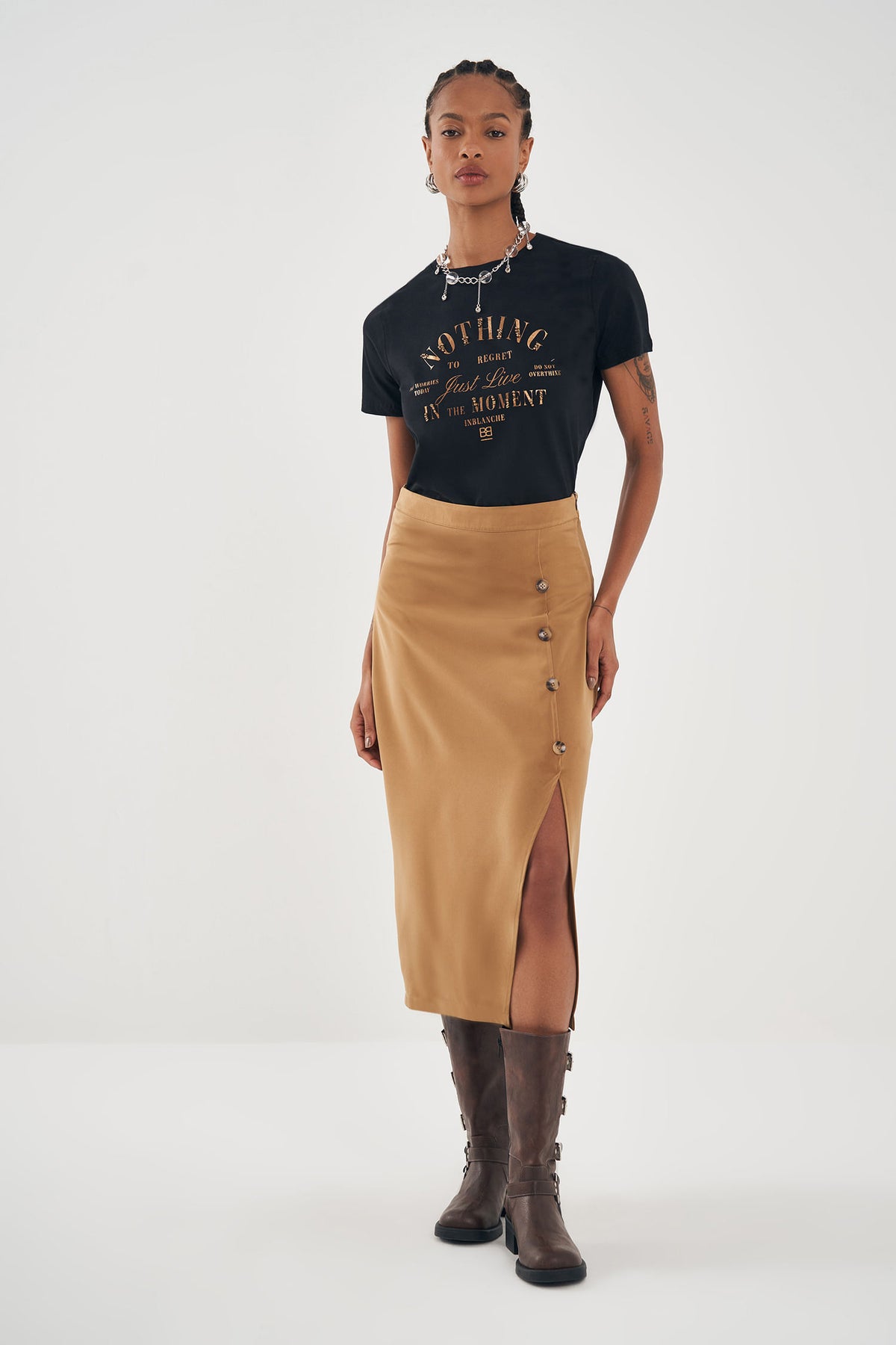 Saia Midi Fenda Lateral Feminina Inblanche Cedro