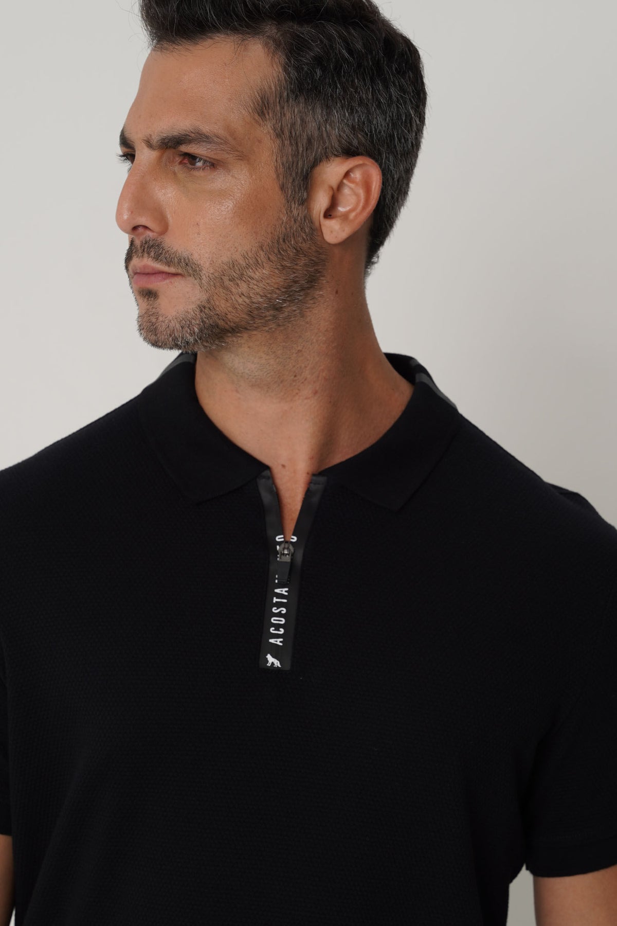 Polo Casual Gola Zíper Masculina Acostamento Preto