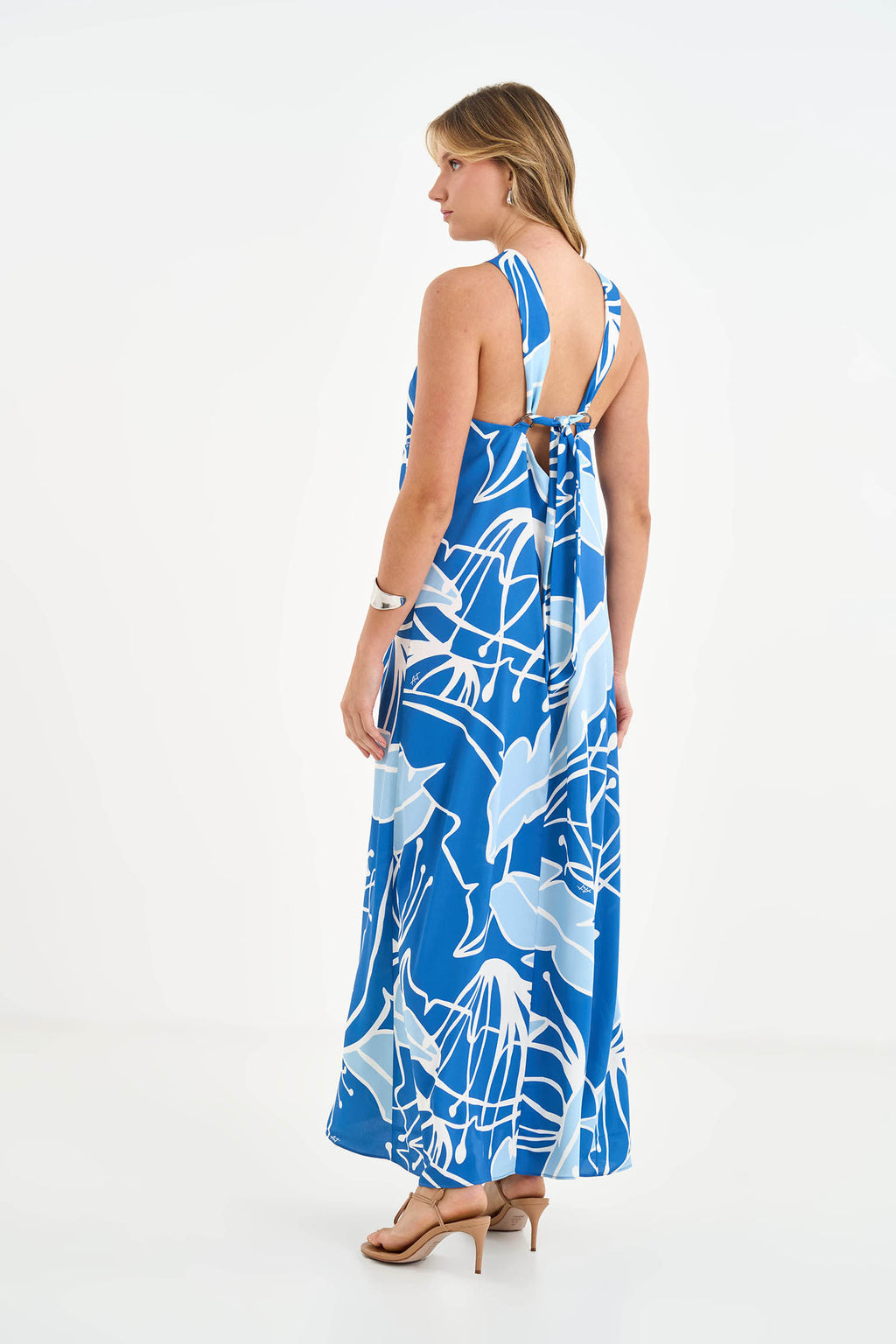 Vestido Longo Fluido Alça Faixa ACT Feminino Maxi Garden Azul
