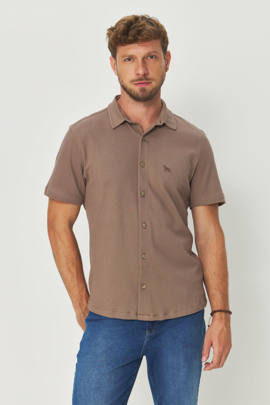 Camisa Algodão Manga Curta Masculino Acostamento Capuccino