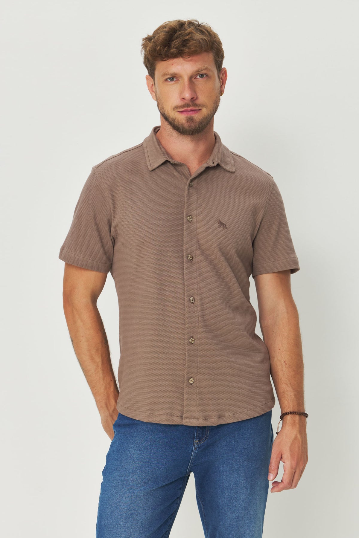 Camisa Algodão Manga Curta Masculino Acostamento Capuccino