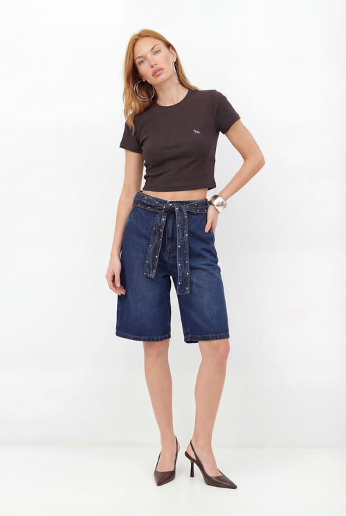 Bermuda Jeans Mom Com Faixa ACT Feminina Jeans Escuro