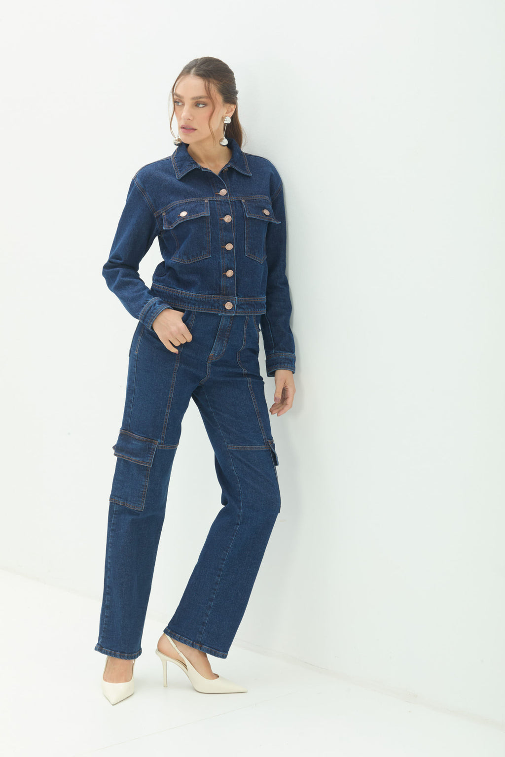 Jaqueta Jeans Curta ACT Feminina Jeans Escuro