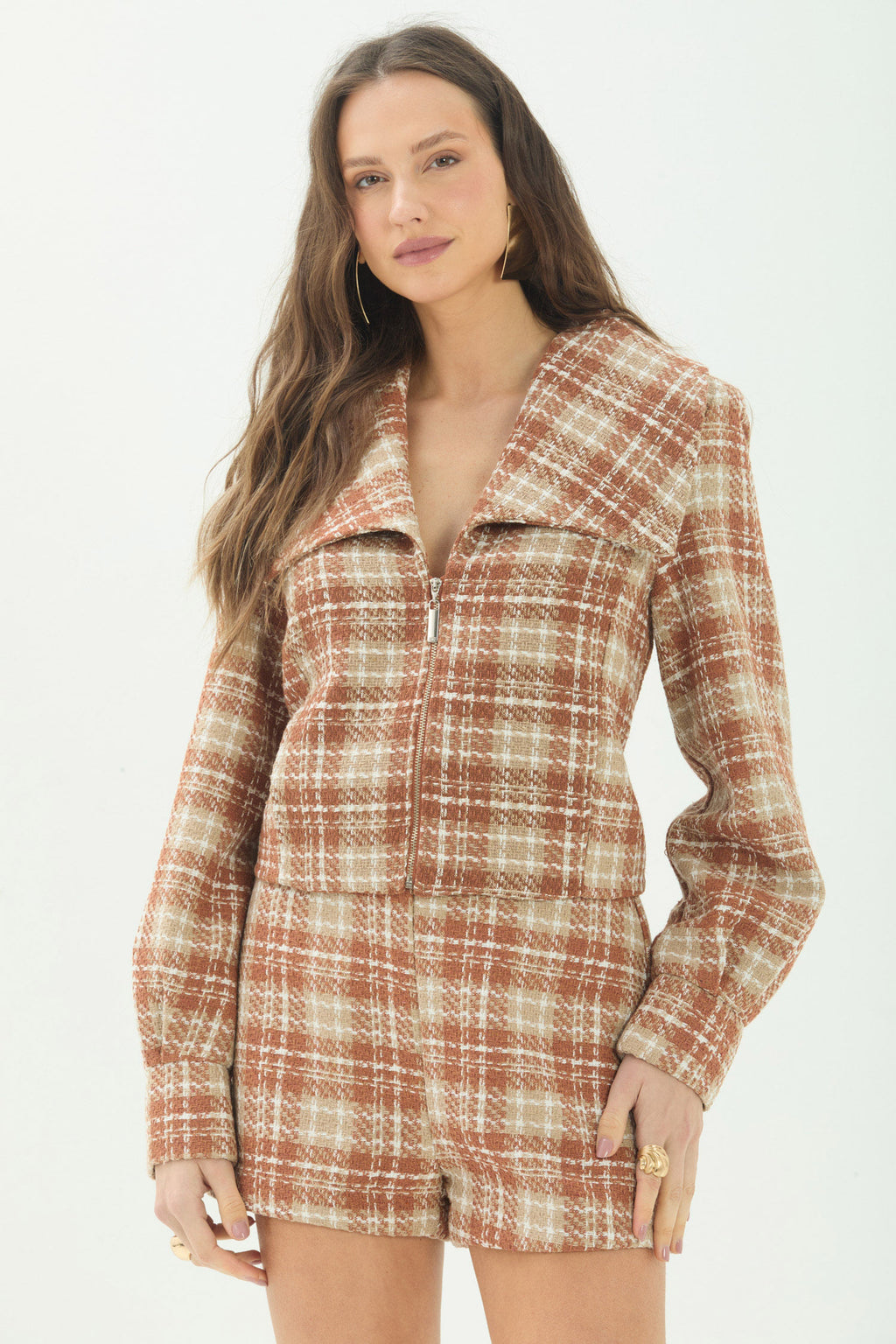 Jaqueta Tweed Com Zíper ACT Feminina Sepia C/ Sand