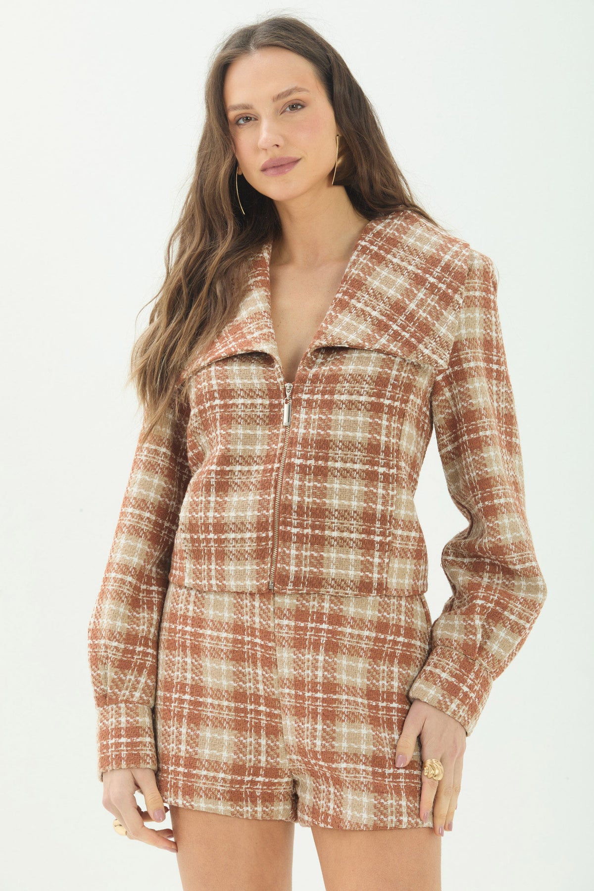 Jaqueta Tweed Com Zíper ACT Feminina Sepia C/ Sand
