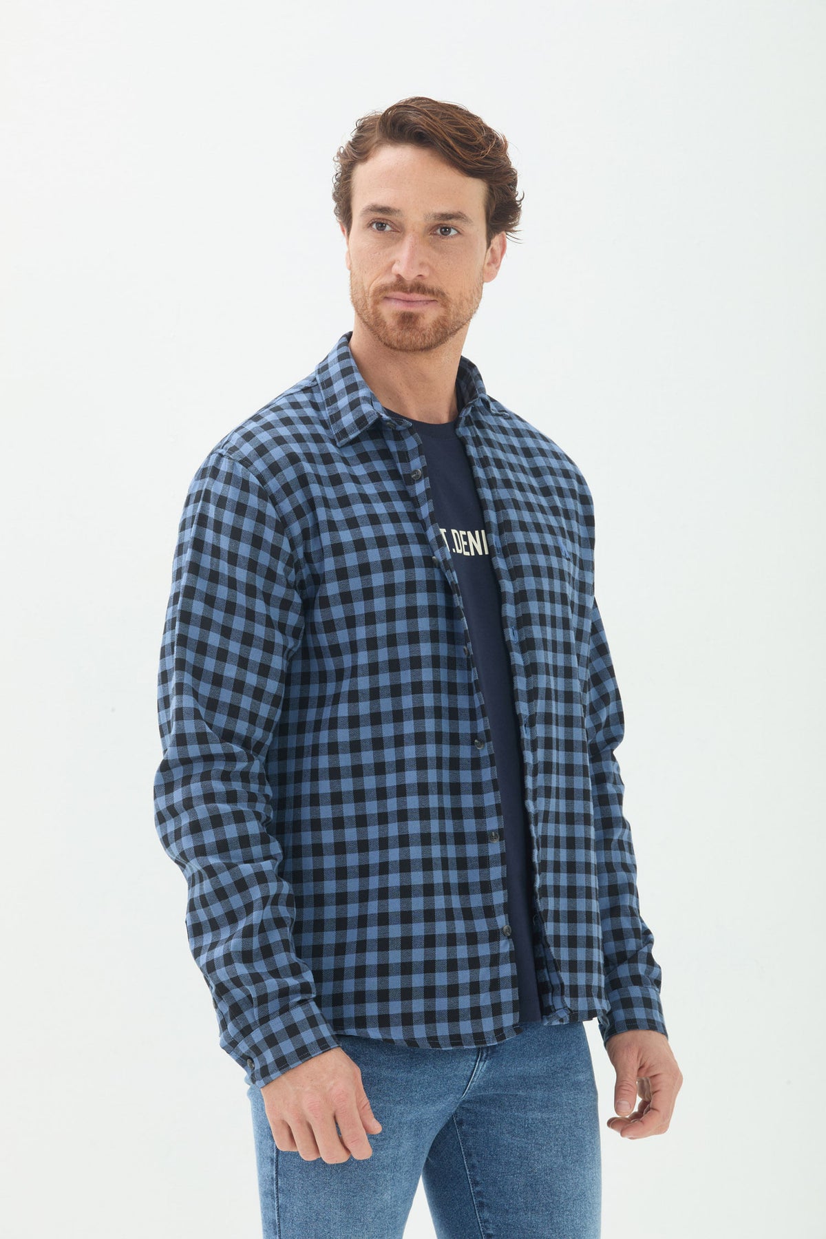 Camisa Manga Longa Xadrez Casual Masculina Acostamento Xadrez Marinho