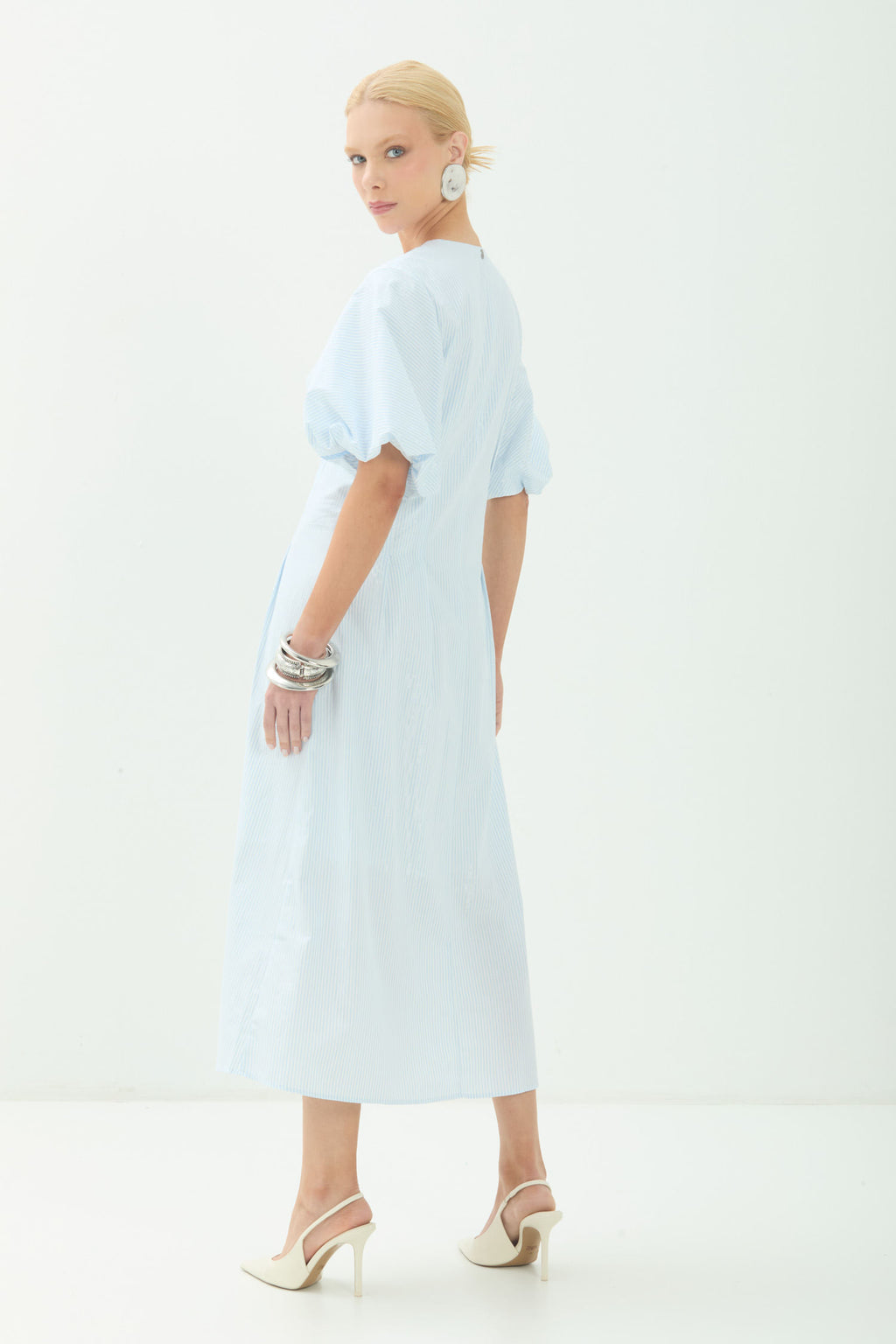 Vestido Midi Manga Bufante Listrado ACT Feminino Misty Blue C/ Prata