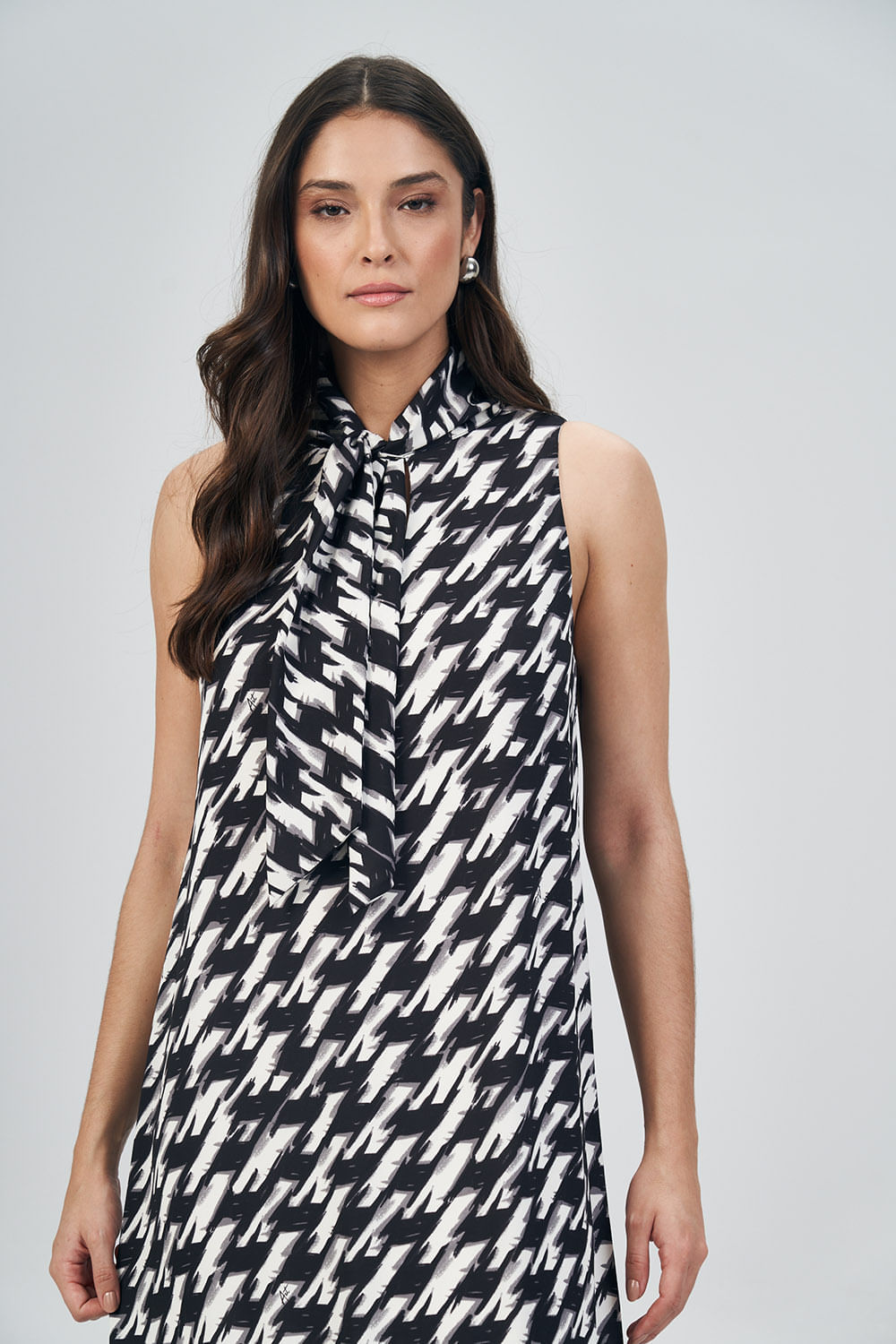 Vestido Gola Laço Print Feminino Acostamento Pied De Poule Maxi