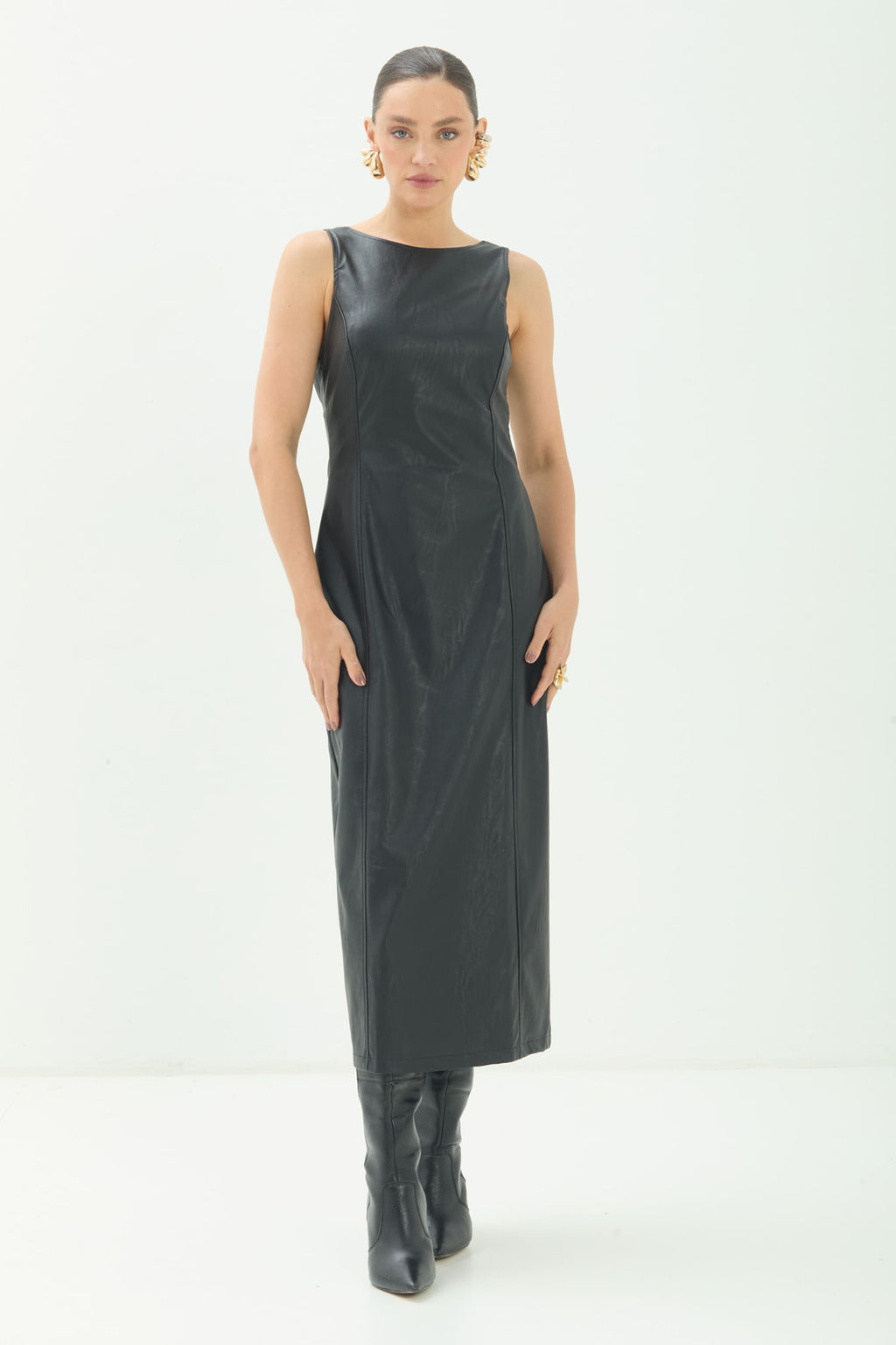 Vestido PU Midi Decote Costas ACT Feminino Preto