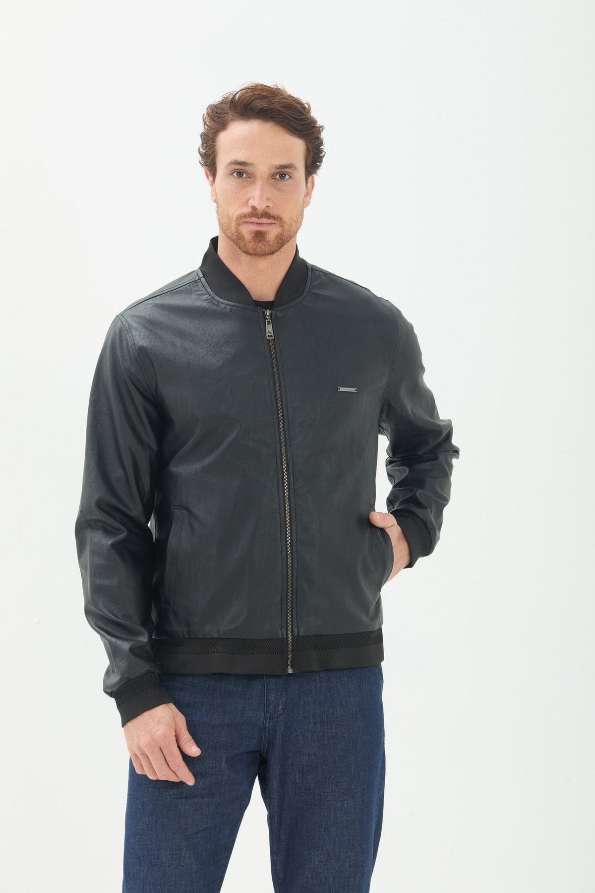Jaqueta PU Com Ziper Masculino Acostamento Preto