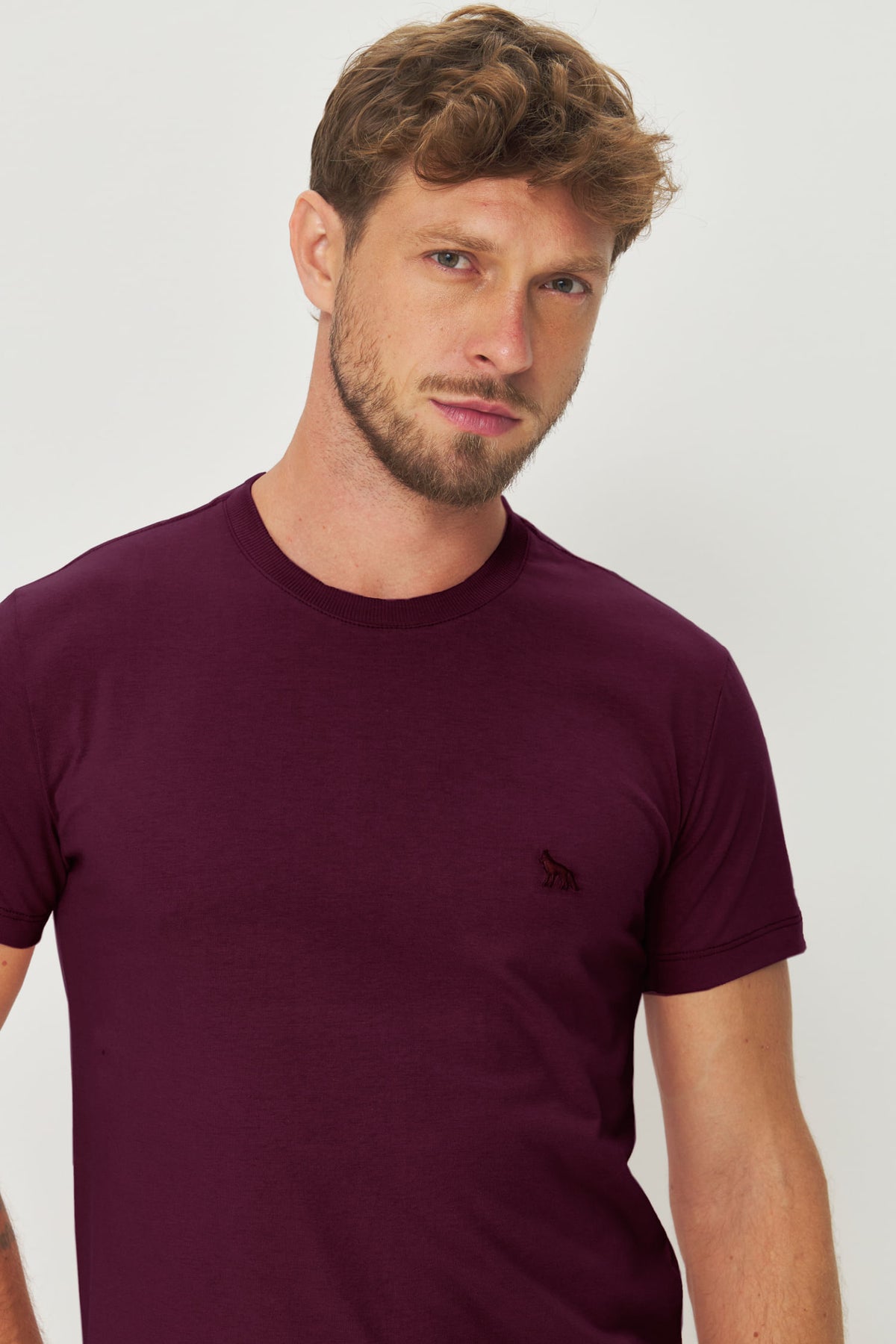 Camiseta Básica Lobo Bordado Masculina Acostamento Vinho Syrah