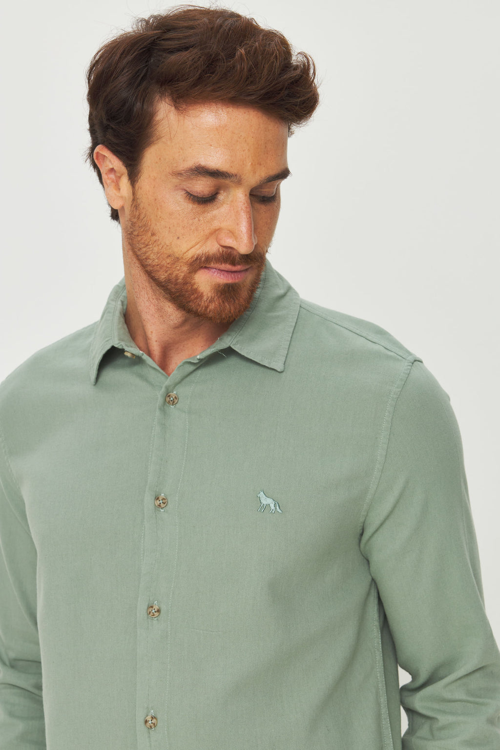 Camisa Botão Manga Longa Masculina Acostamento Verde Claro