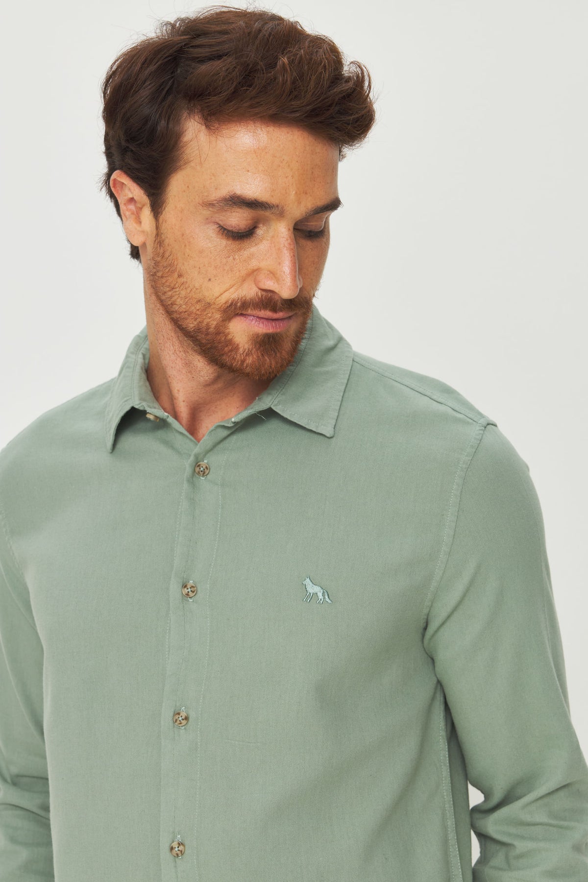 Camisa Botão Manga Longa Masculina Acostamento Verde Claro