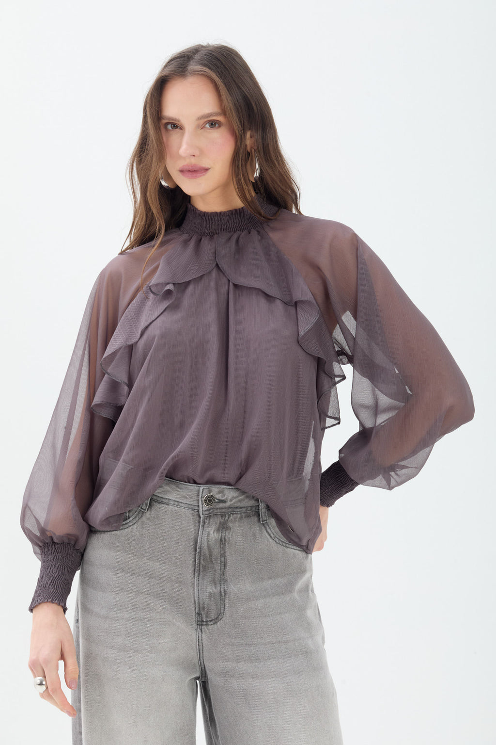 Blusa Com Babados ACT Feminina Light Silver