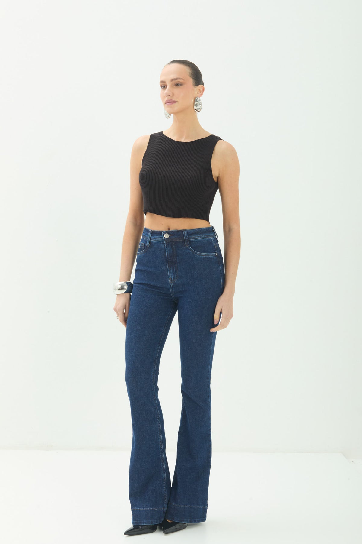 Calça Jeans Flare Cintura Alta ACT Feminina Jeans Escuro