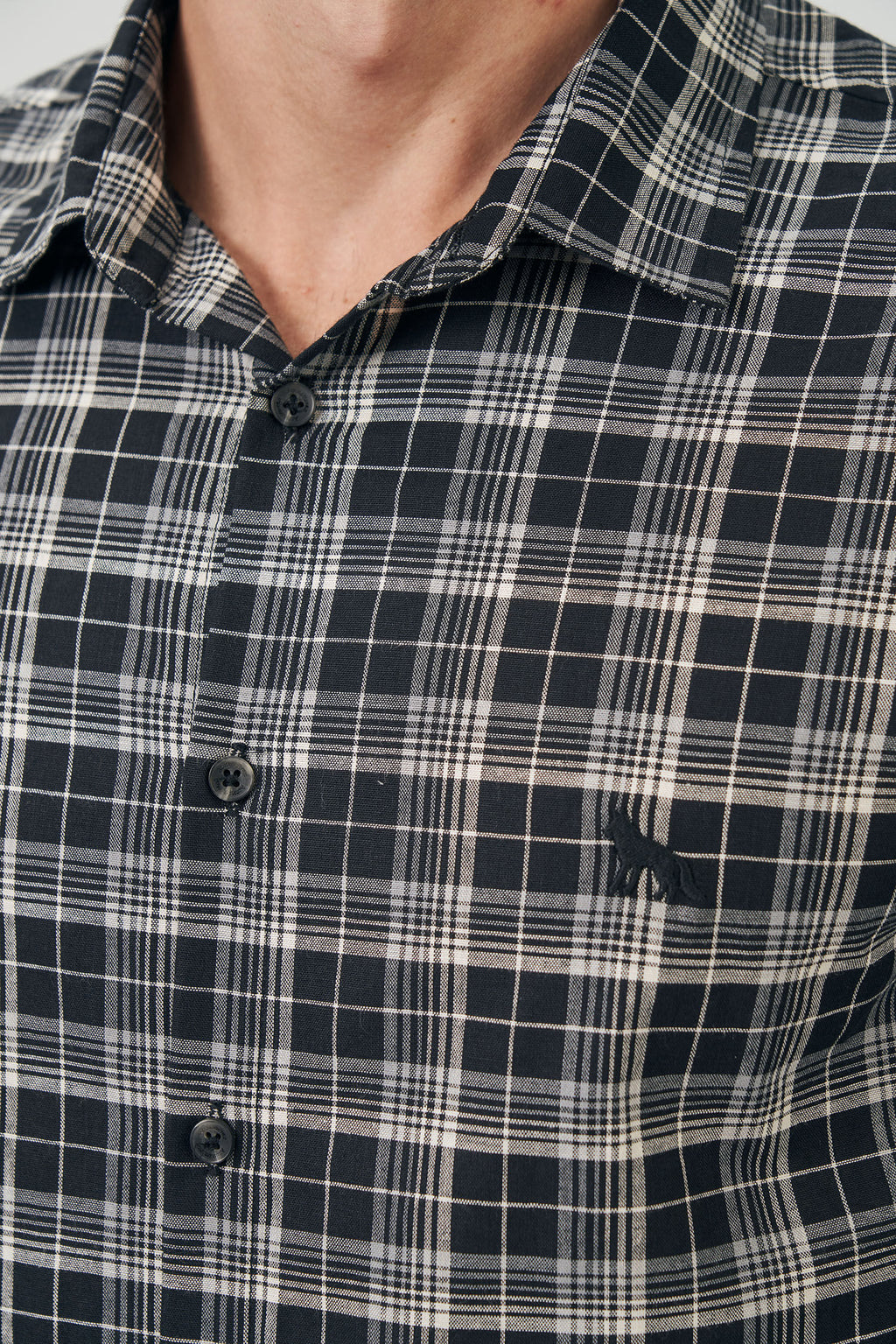Camisa Manga Longa Xadrez Masculina Acostamento Xadrez Preto C/ Cinza E Off White