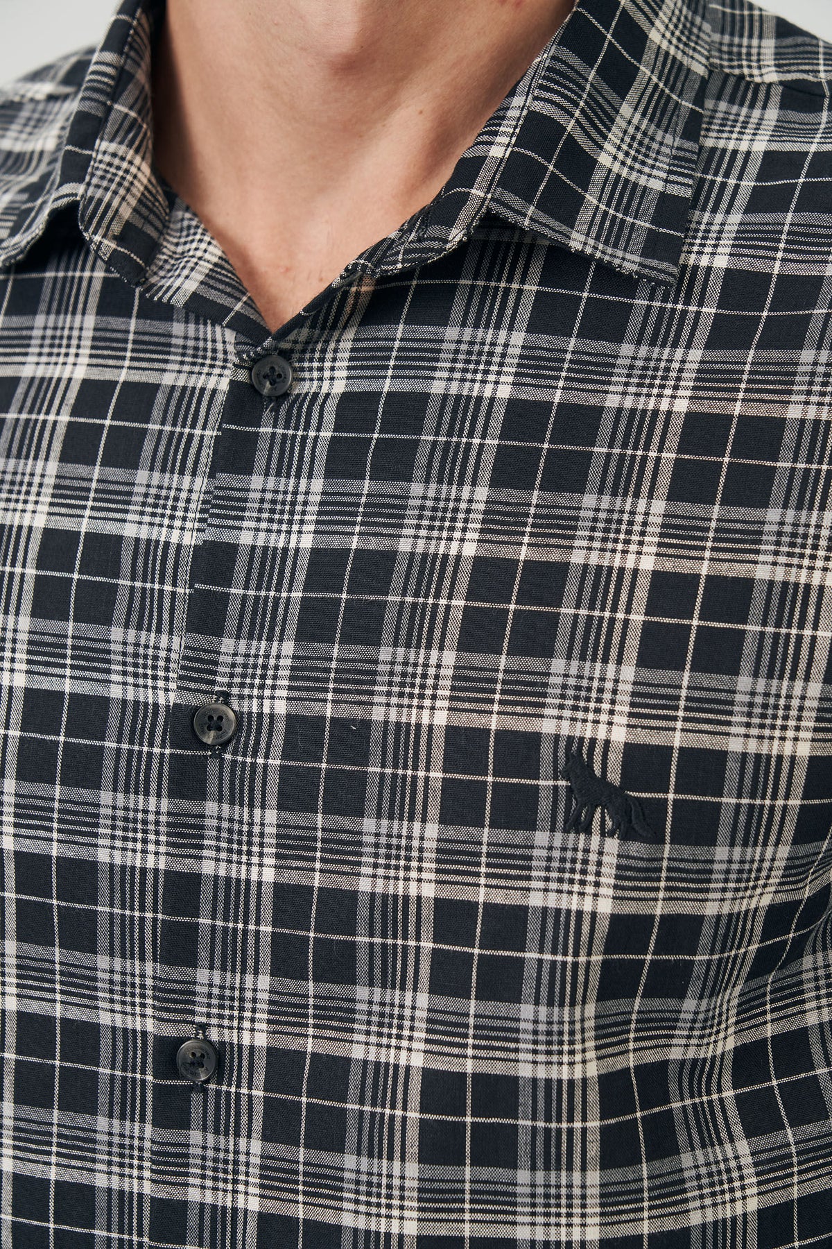 Camisa Manga Longa Xadrez Masculina Acostamento Xadrez Preto C/ Cinza E Off White