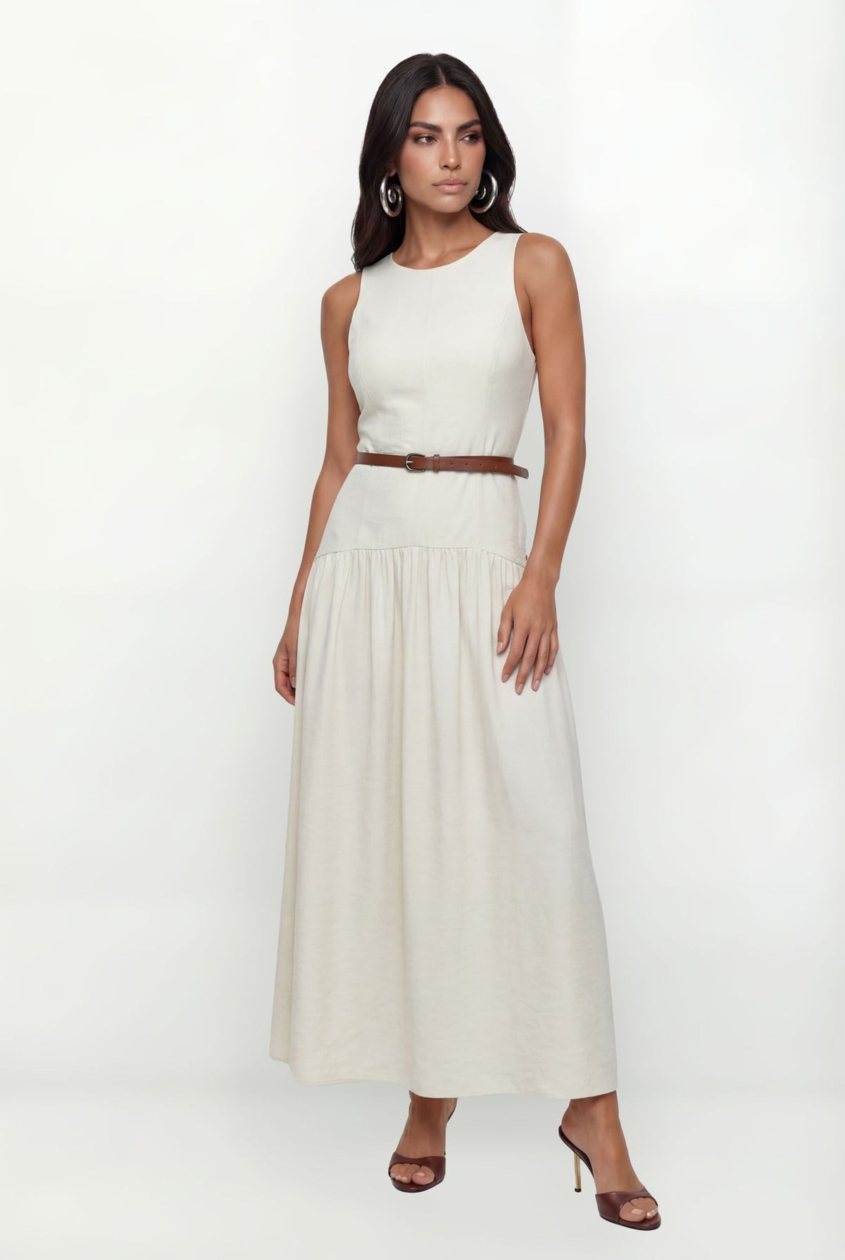 Vestido Midi Com Recortes ACT Feminino Areia