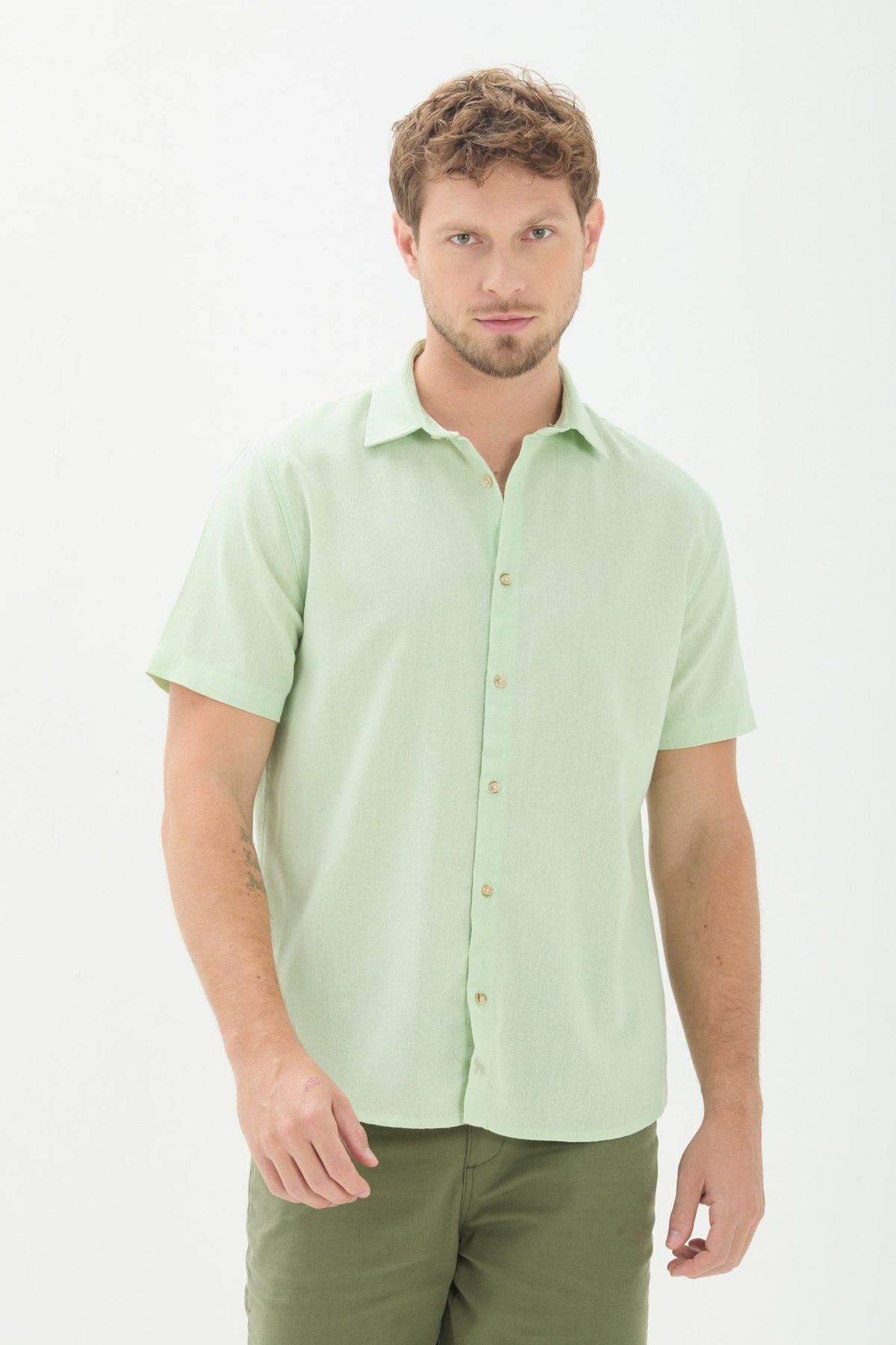 Camisa Casual Manga Curta Masculino Acostamento Vd Menta