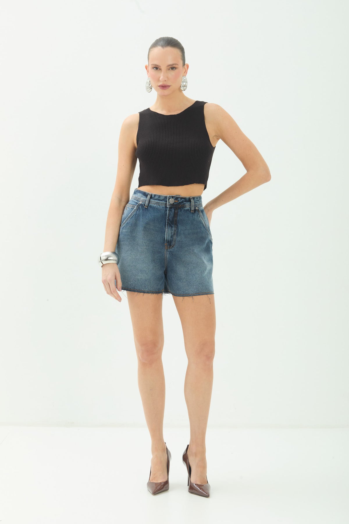 Shorts Jeans Casual  ACT Feminino Jeans Escuro