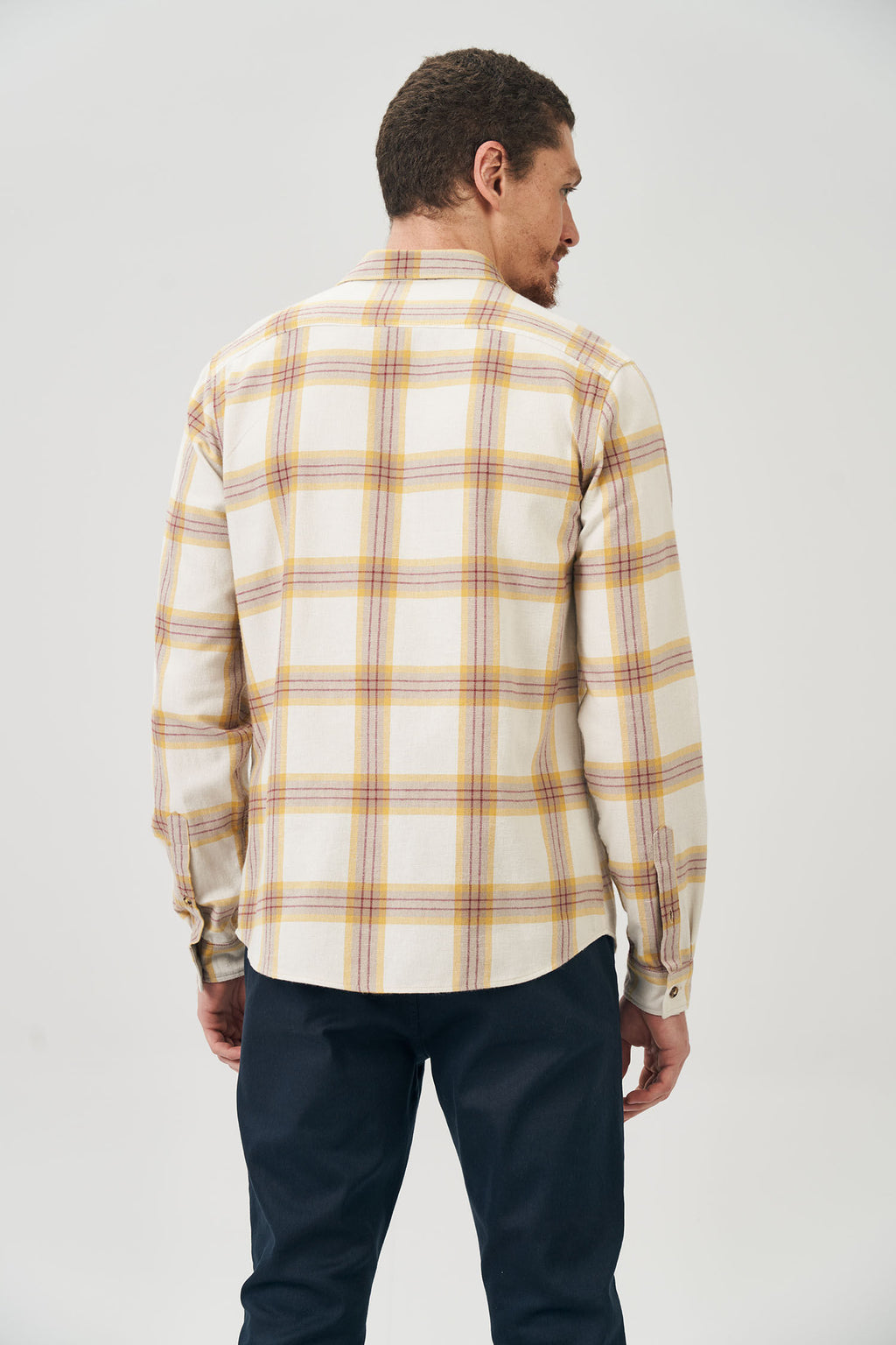 Camisa Manga Longa Max Masculina Acostamento Xadrez Off White C/ Amarelo E Caqui