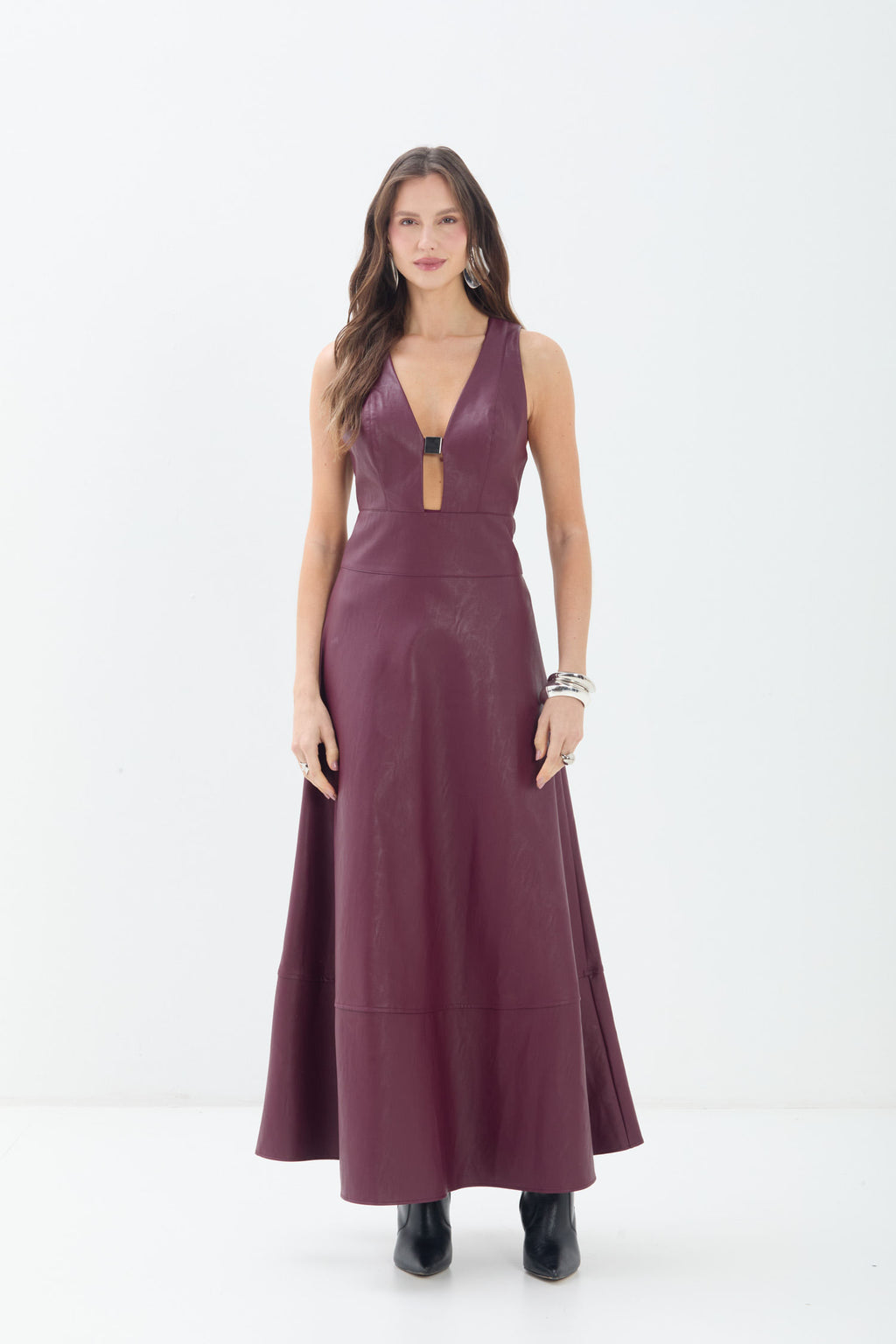 Vestido Longo Em PU ACT Feminino Deep Ruby
