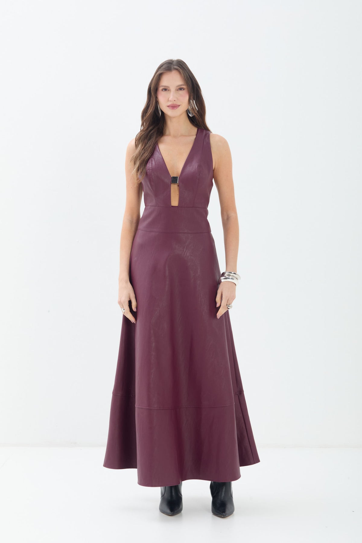 Vestido Longo Em PU ACT Feminino Deep Ruby