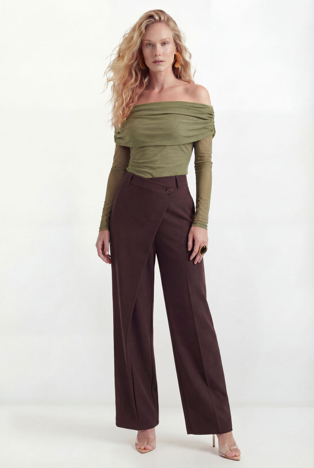 Blusa Ombro A Ombro Drapeada ACT Feminina Deep Brown