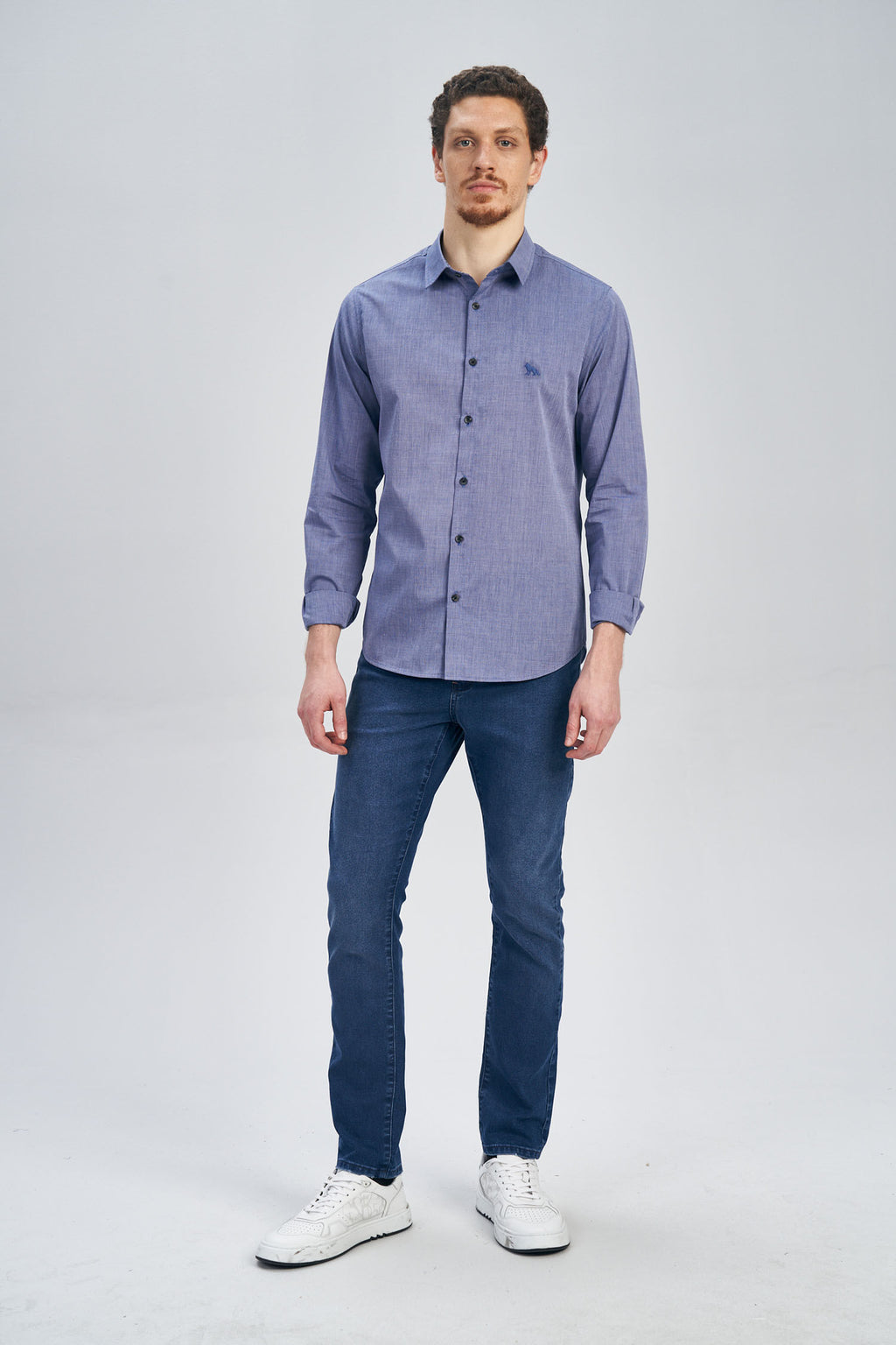 Camisa Manga Longa Social Masculina Acostamento Azul Medio