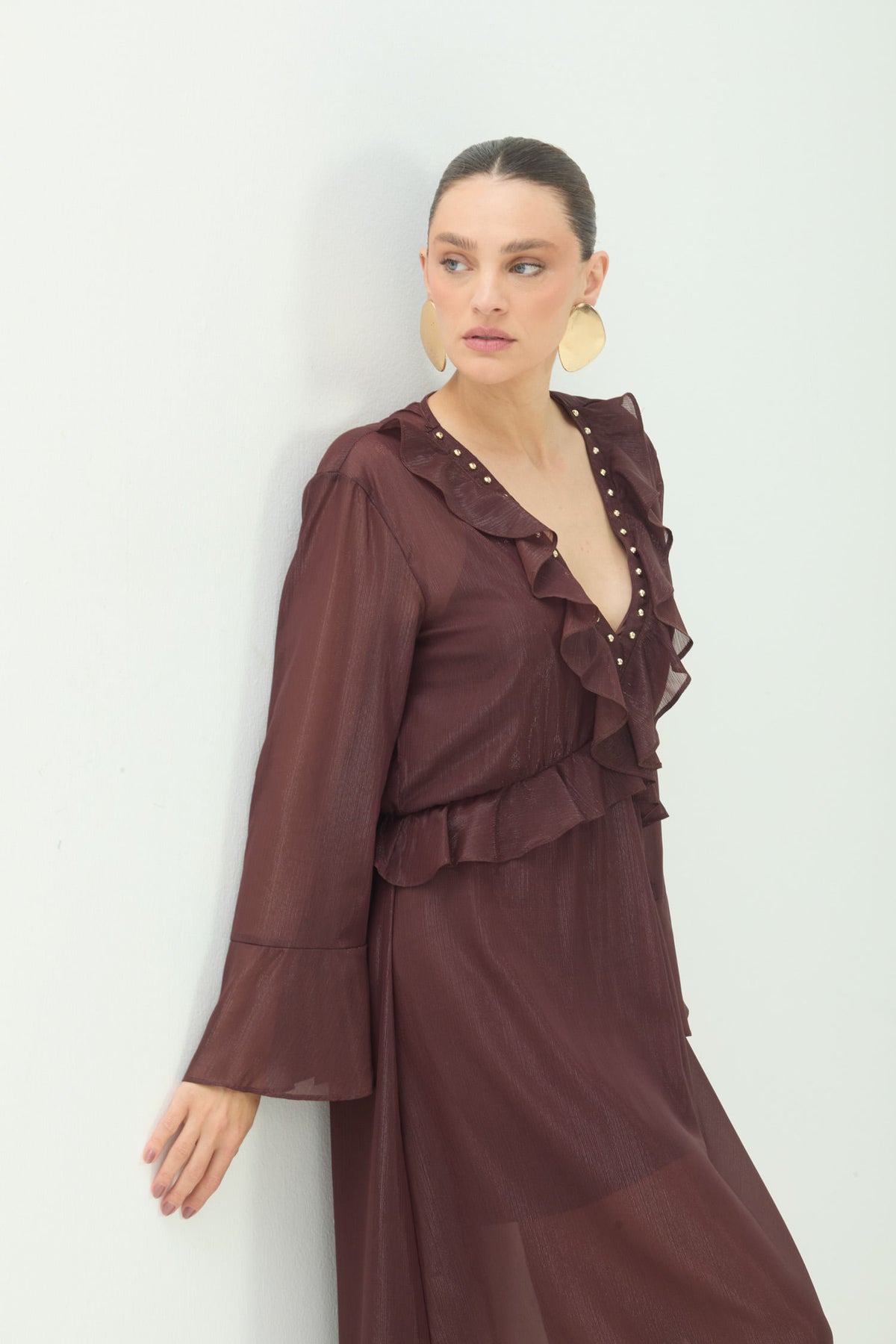 Vestido Manga Longa Decote V ACT Feminino Choco