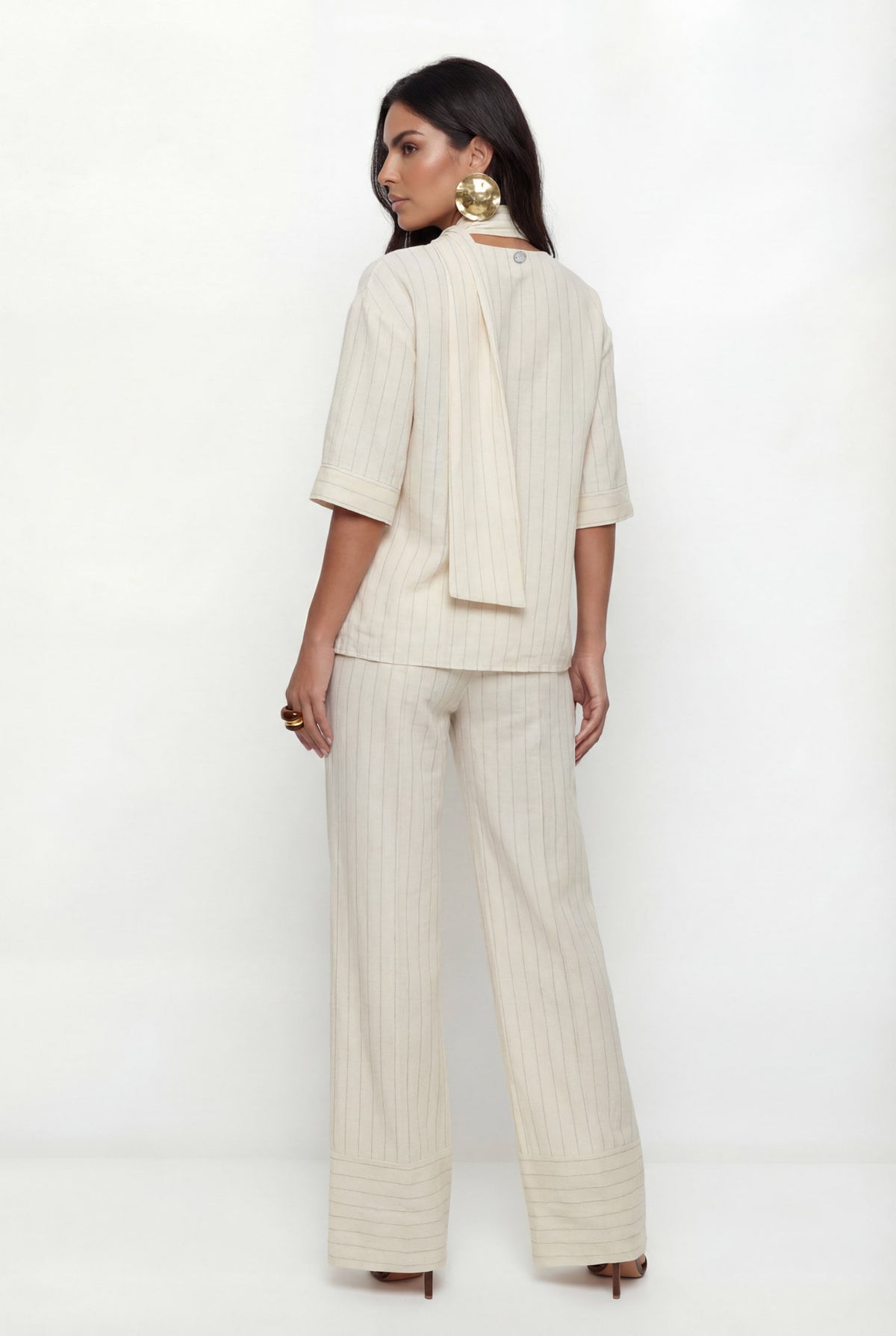 Blusa Rayon Com Linho Listrado ACT Feminina Listrado Natural