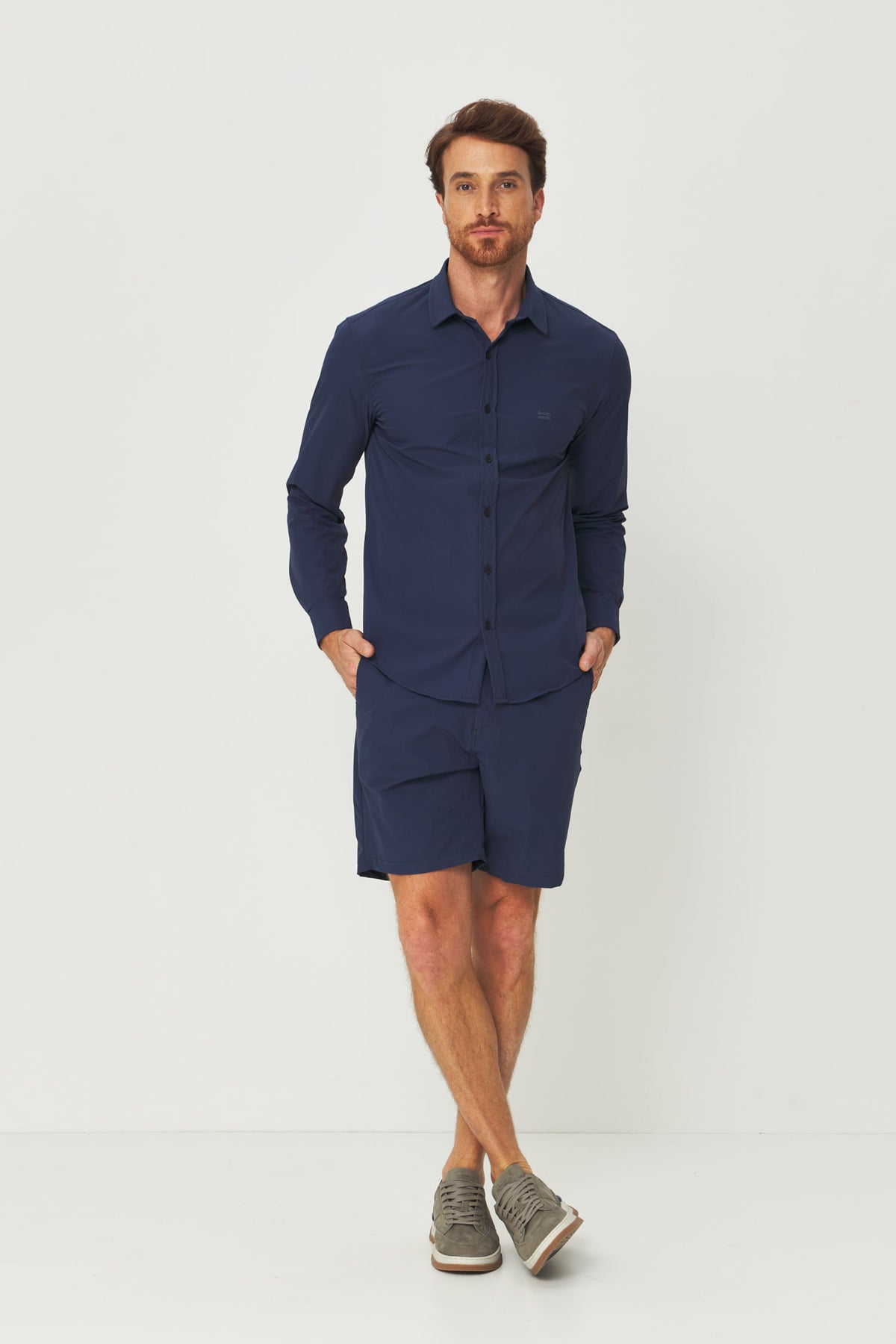 Camisa Slim Tech Manga Longa Masculina Acostamento Marinho