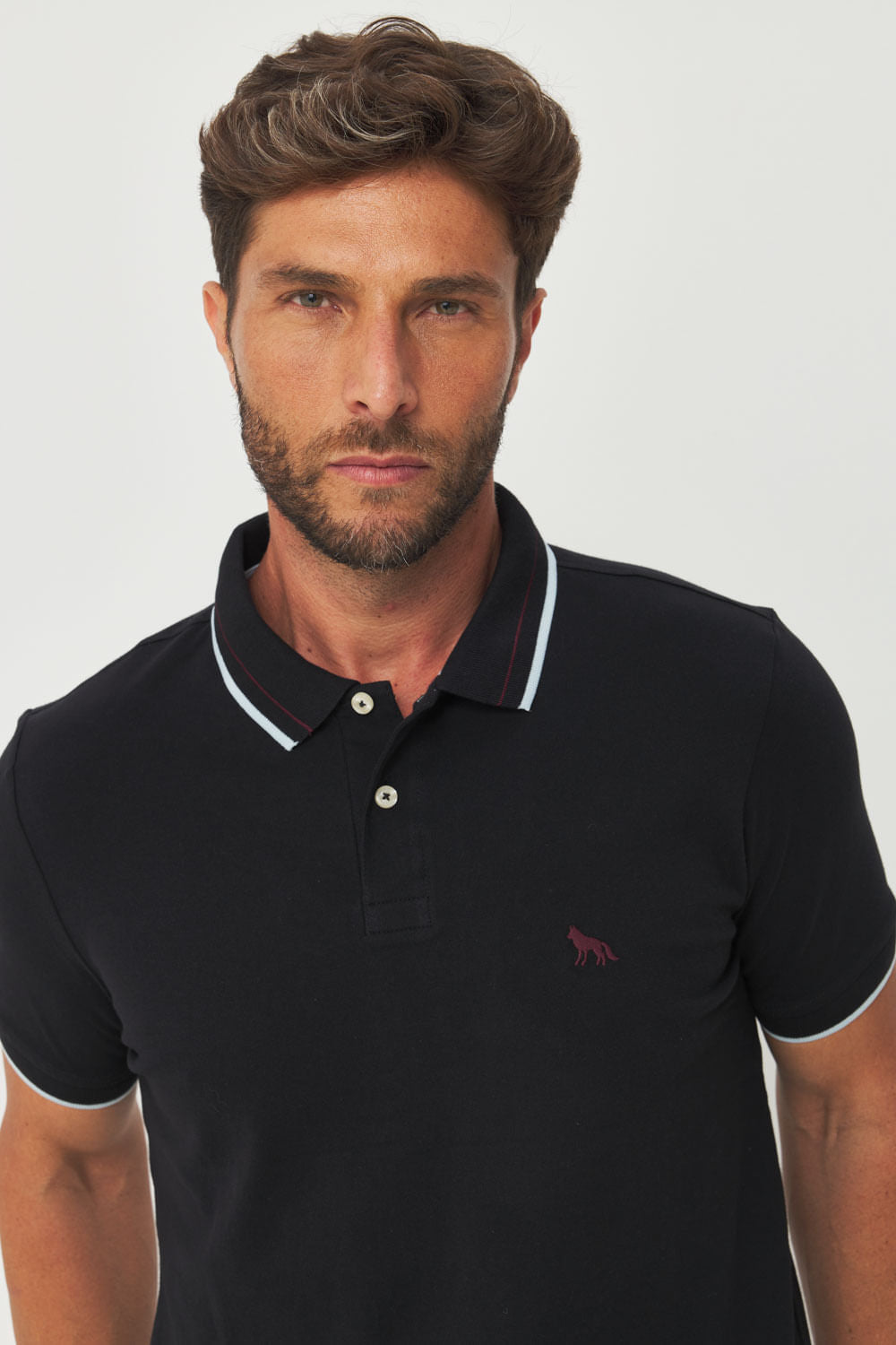 Polo Detalhe Gola Masculina Acostamento Preto