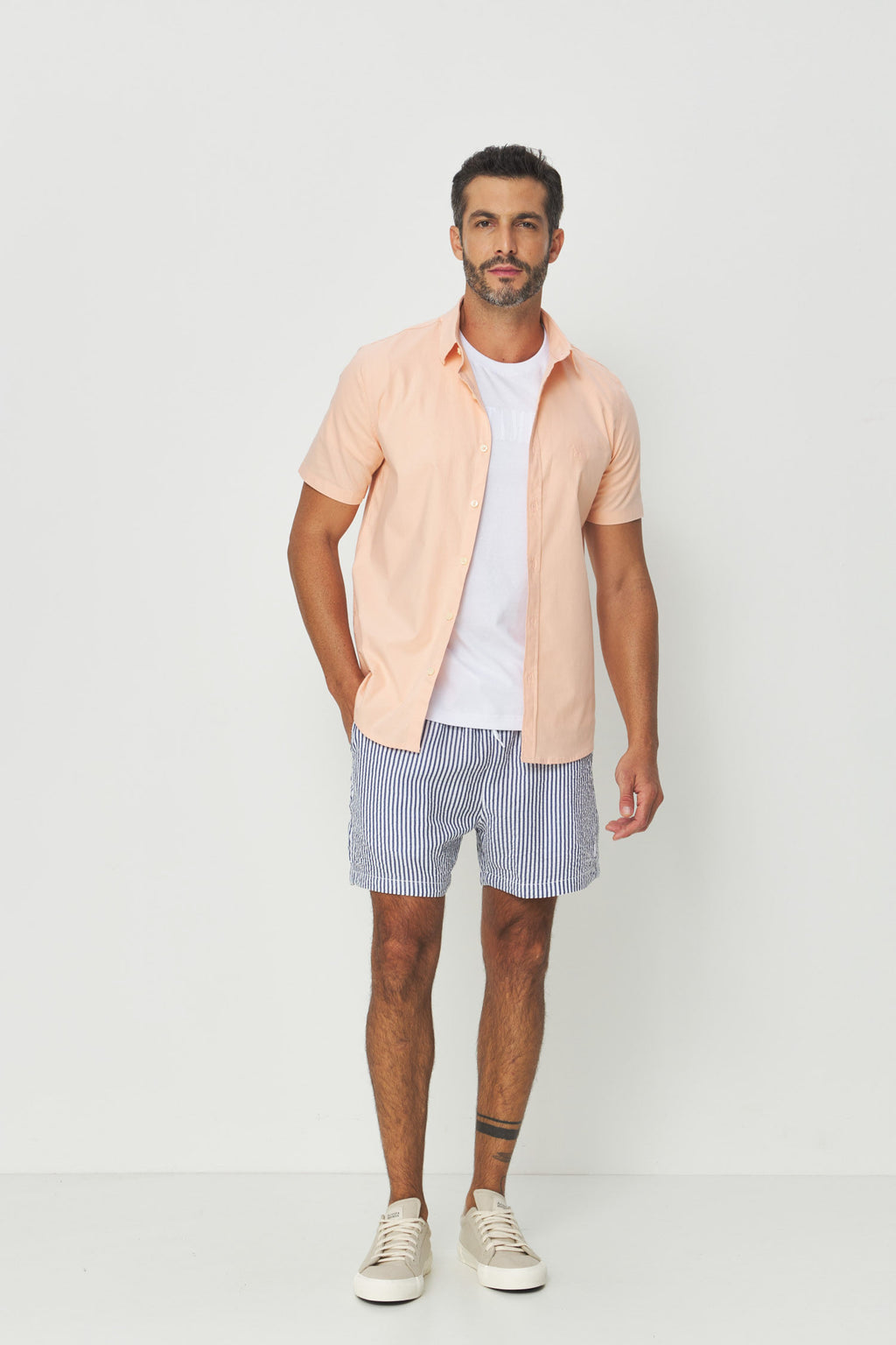 Short Listrado Casual Masculino Acostamento Listrado Branco C/ Marinho