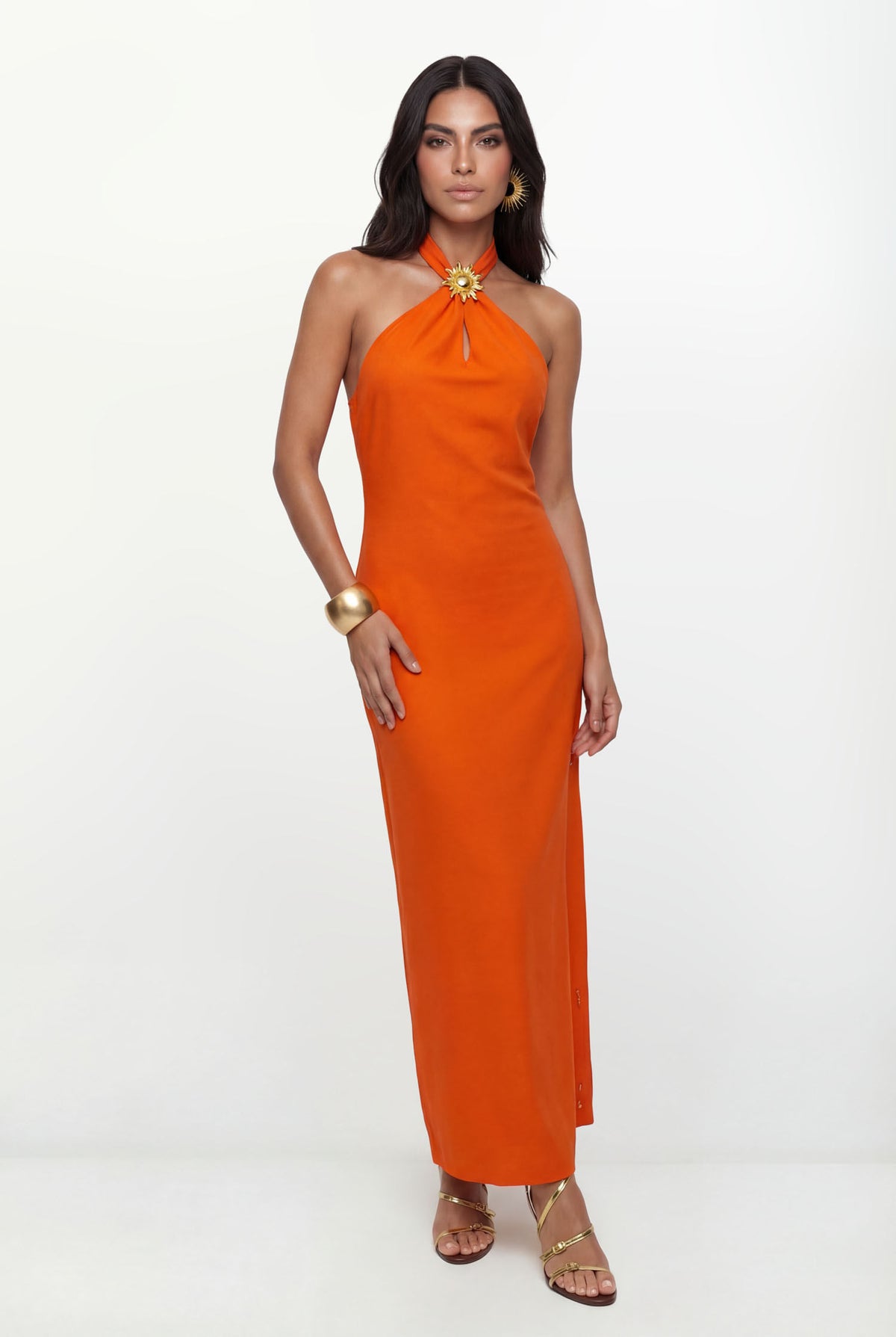 Vestido Longo Com Aviamento ACT Feminino Vibrant Orange