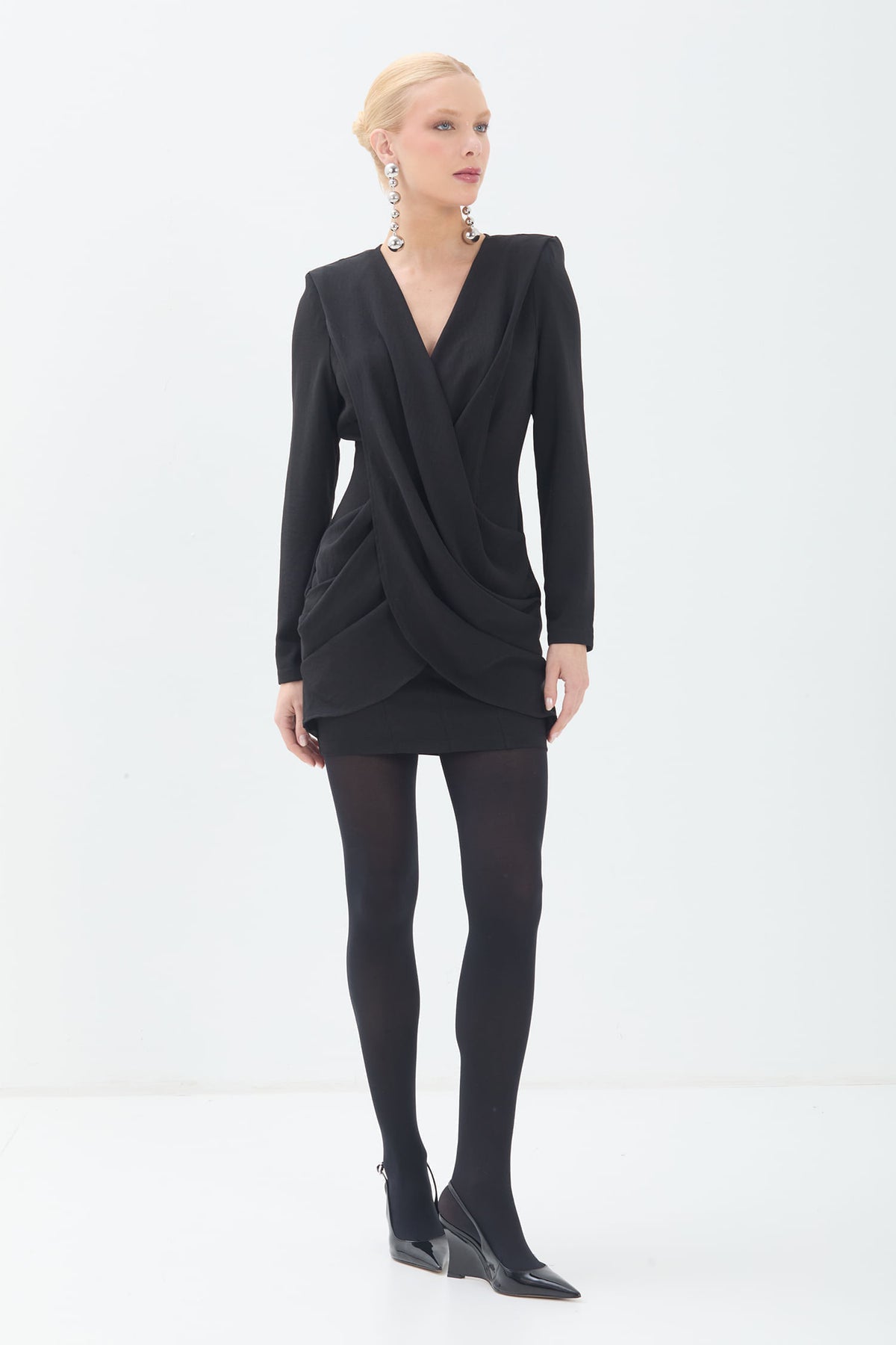 Vestido Curto Transpassado Manga Longa ACT Feminino Preto
