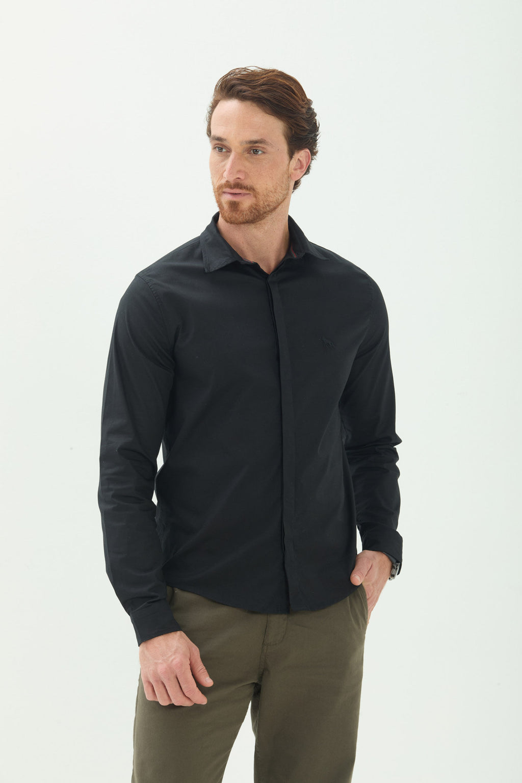 Camisa Manga Longa Botão Oculto Masculina Acostamento Preto