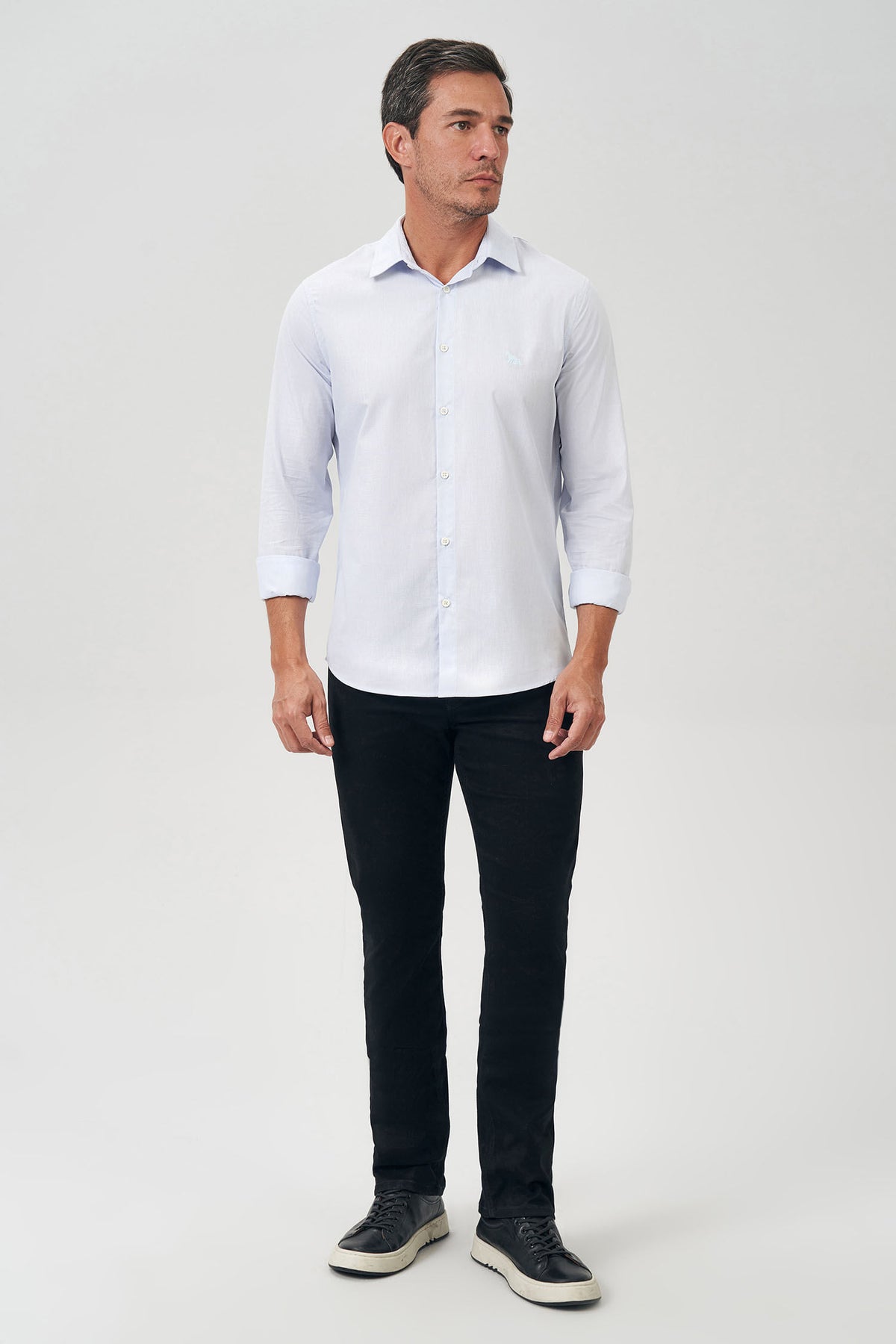 Camisa Manga Longa Listra Masculina Acostamento Micro Listra Azul C/ Branco