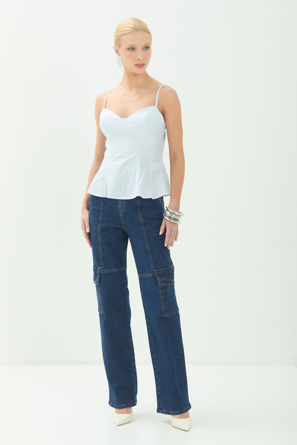 Blusa Alcinha Listrada ACT Feminina Misty Blue C/ Prata