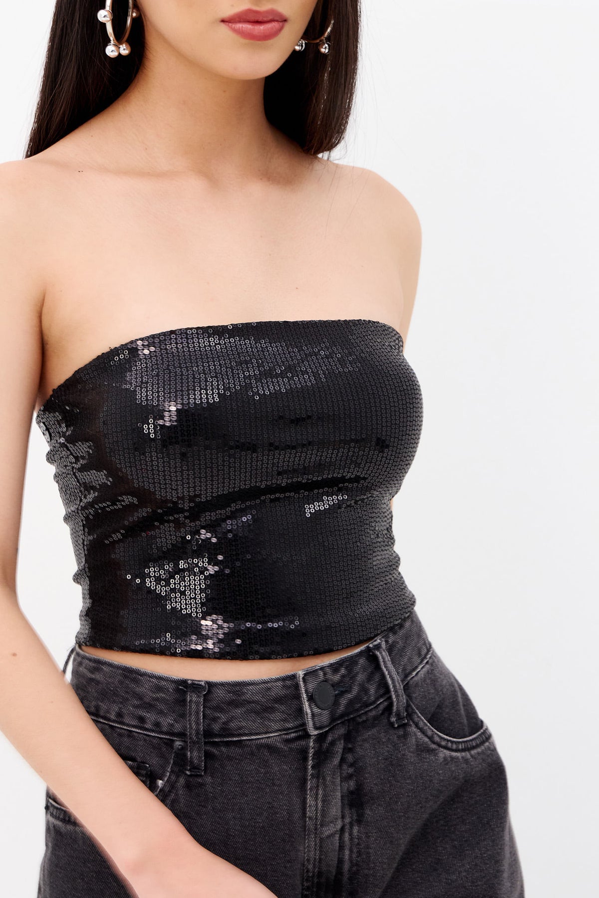 Blusa Paetê Glossy Sem Alça Feminina Inblanche Preto