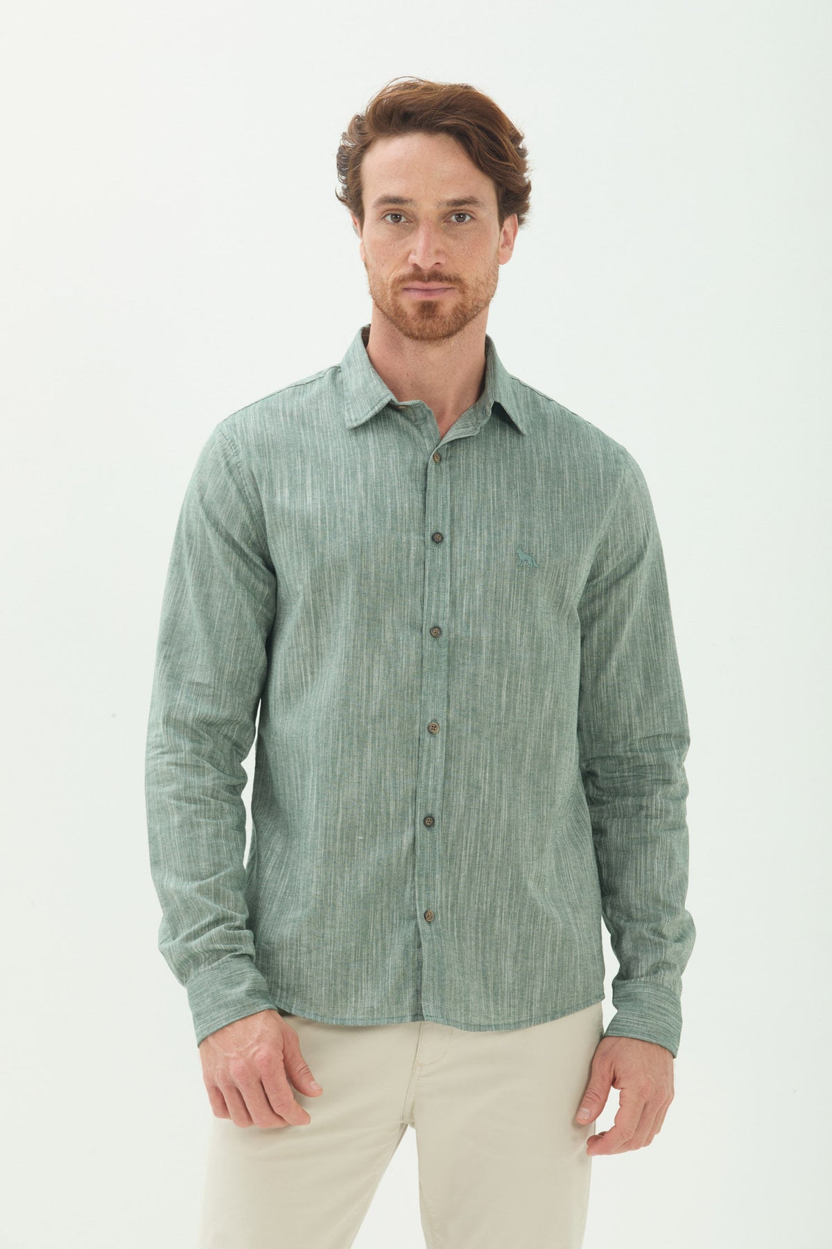 Camisa Manga Longa Texturizada Masculino Acostamento Mescla Verde