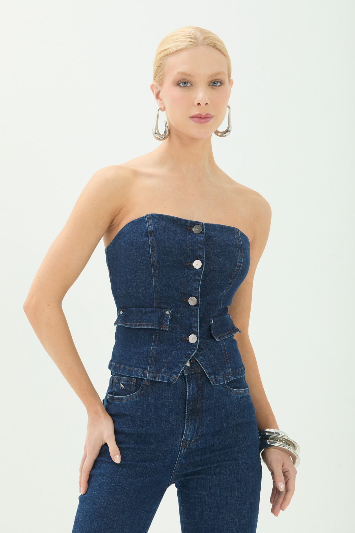 Top Jeans Sem Alças ACT Feminino Jeans Escuro
