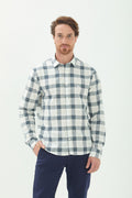 Camisa Manga Longa Xadrez Masculina Acostamento Xadrez Off White C/ Azul