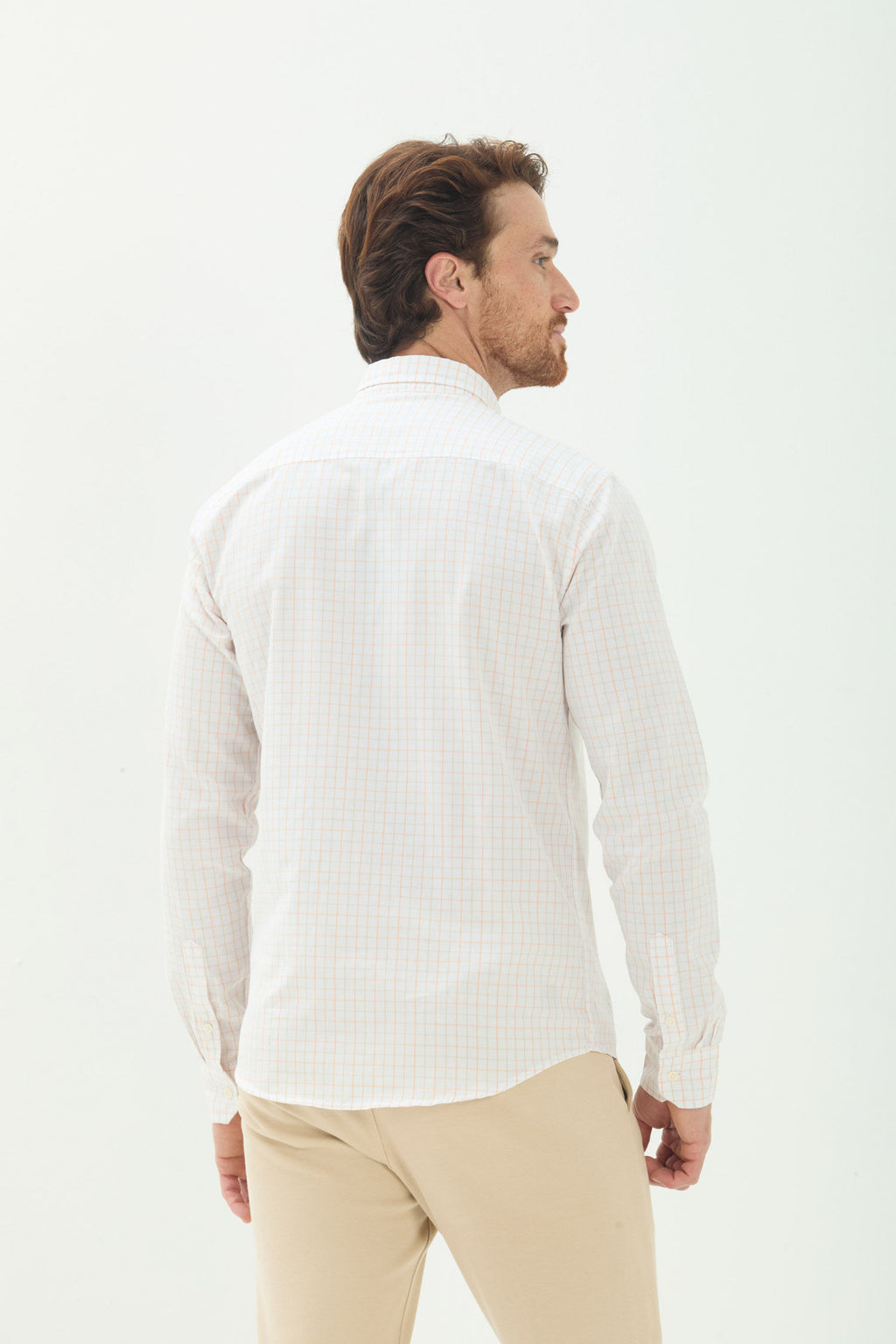 Camisa Manga Longa Scrivania Masculina Acostamento Xadrez Branco C/ Pessego
